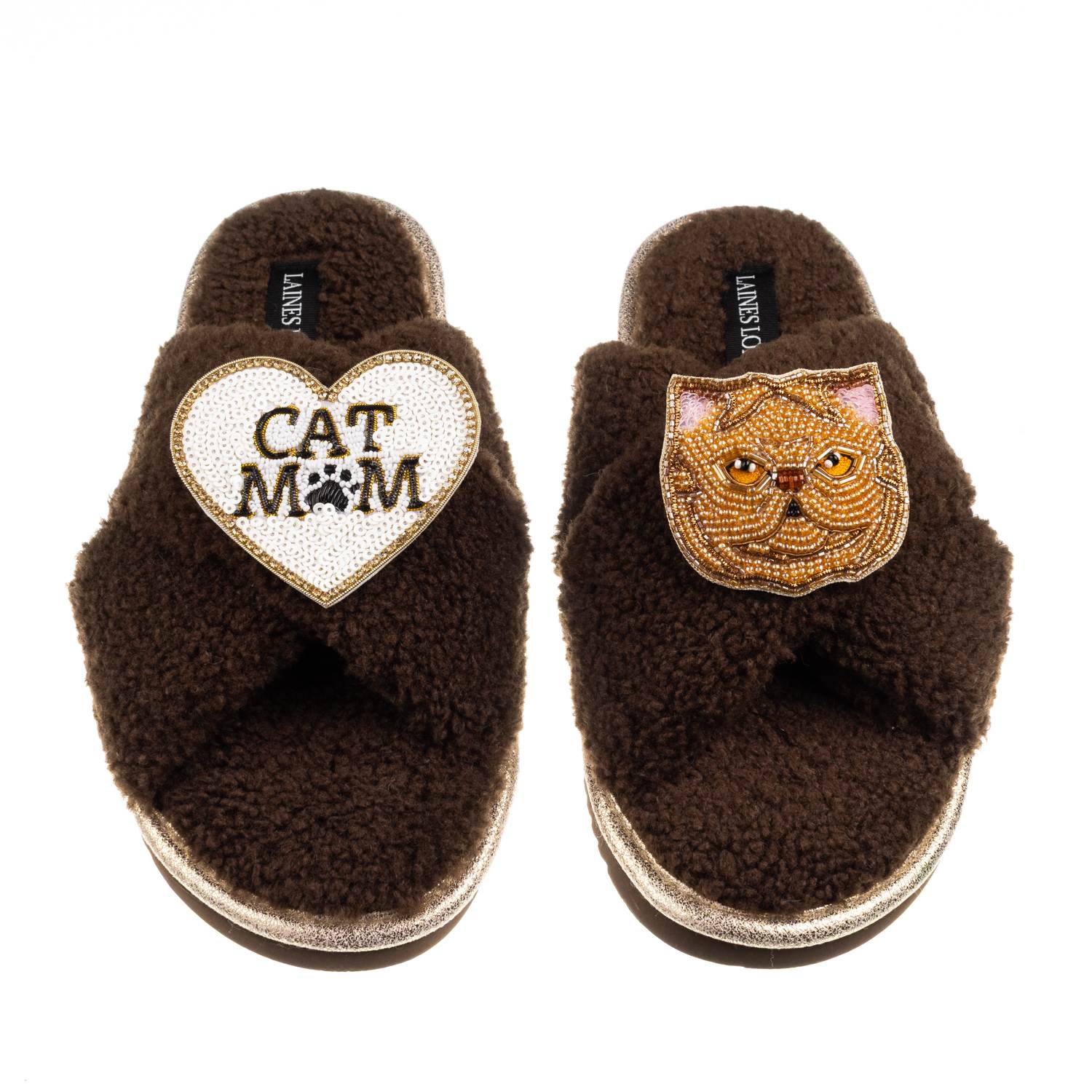 Laines London Women's Brown / Neutrals Boucle Slippers With Cat Mum/mom & Ginger Persian Cat Brooches - Chocolate In Brown
