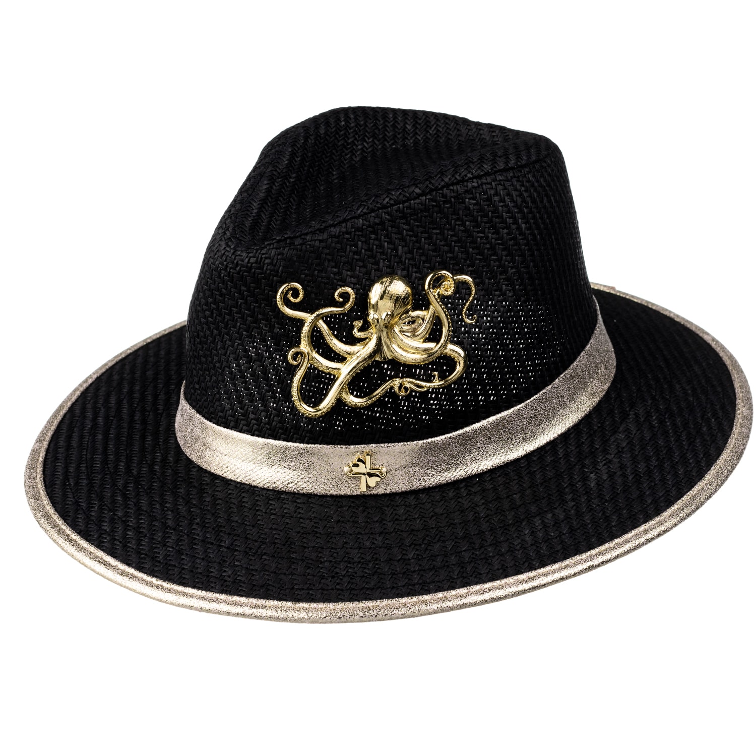 Women’s Straw Woven Hat With Gold Metal Octopus Brooch - Black One Size Laines London