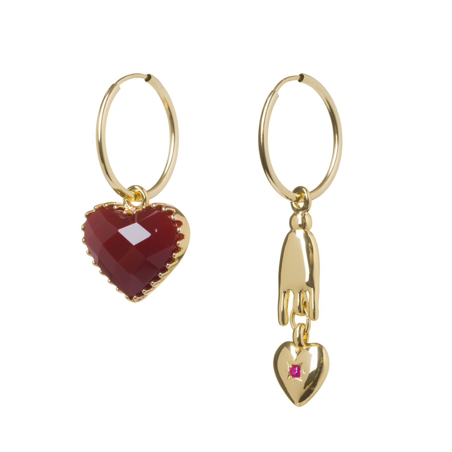 Women’s Gold / Red Small Gold Hoop Hand And Heart Earrings Patroula Jewellery