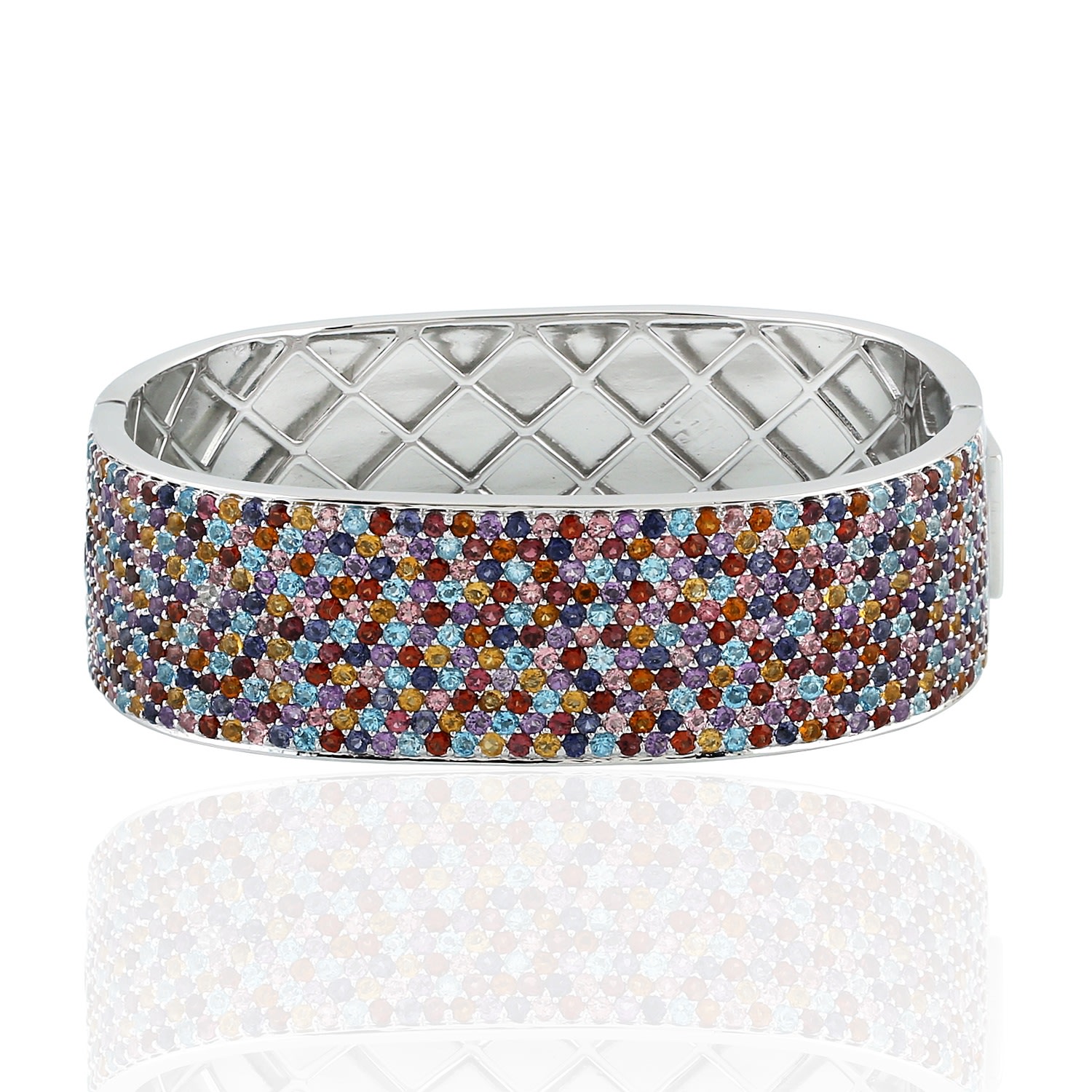 Women’s 925 Sterling Silver In Multi Gemstone Pave Rainbow Color Wide Designer Bangle Artisan