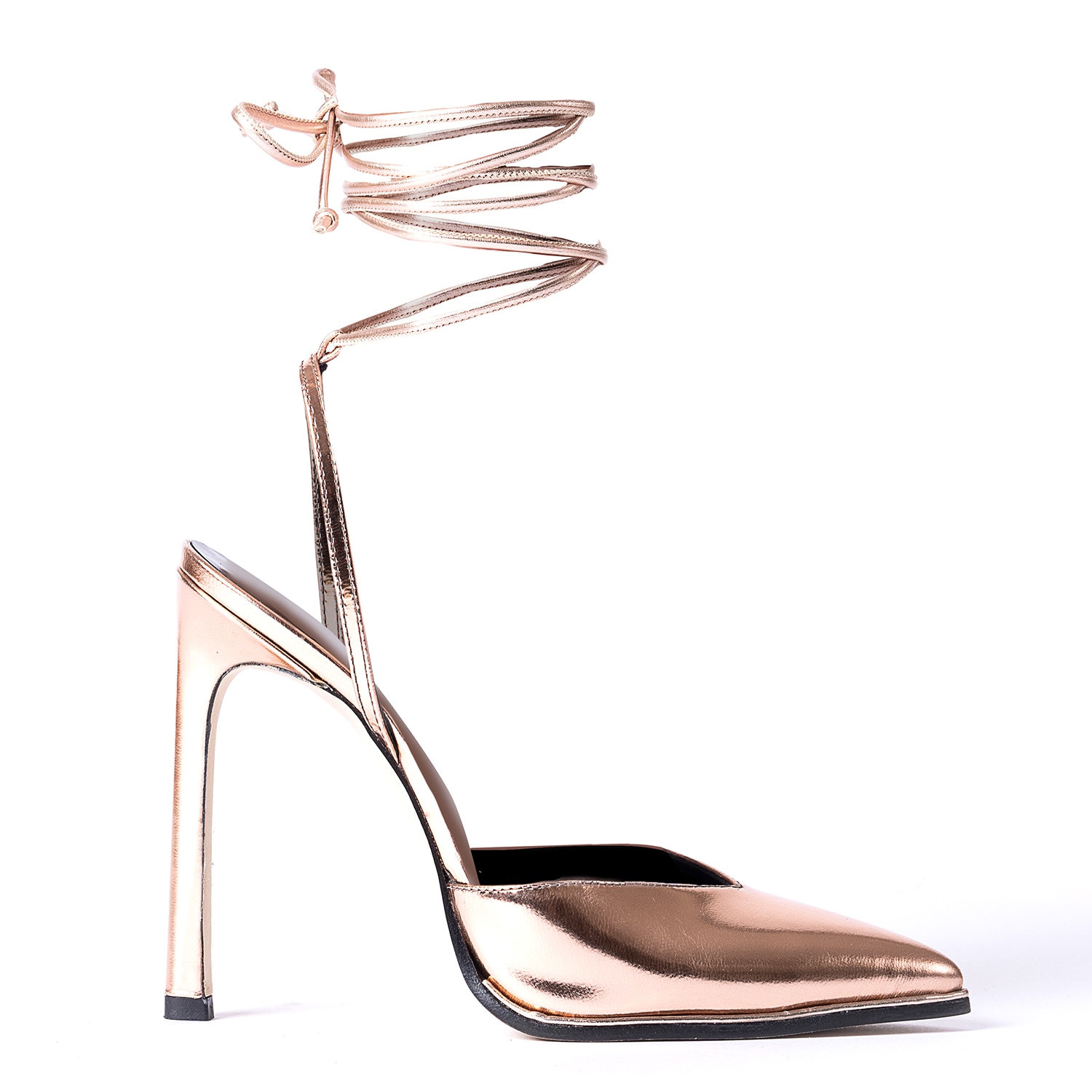 Il Fratellino Women's Gold Heart Racer Patent Leather Pump In Bronze With Soft Leather Bronze Ankle Wrap Tie In Gold