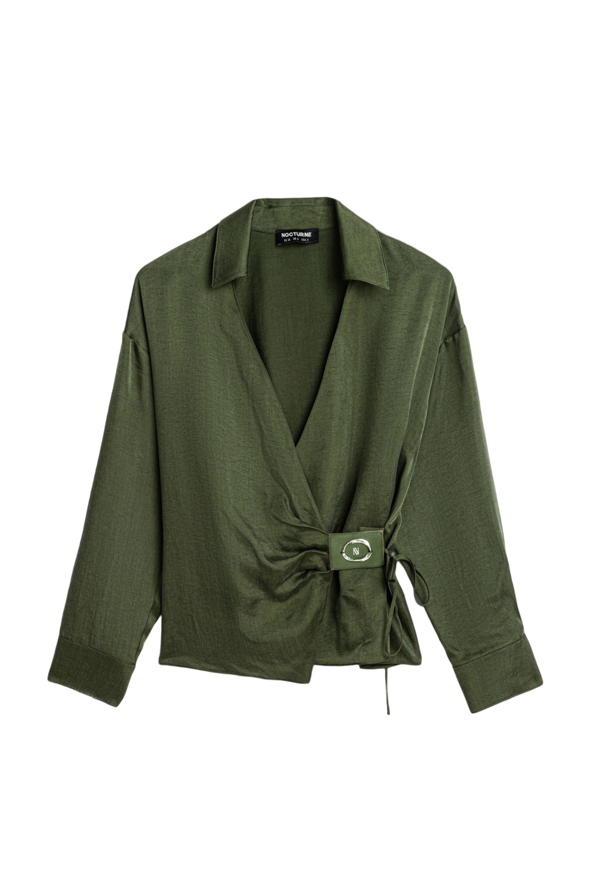 Nocturne Women's Dark Green Logo Buckle Wrap Blouse