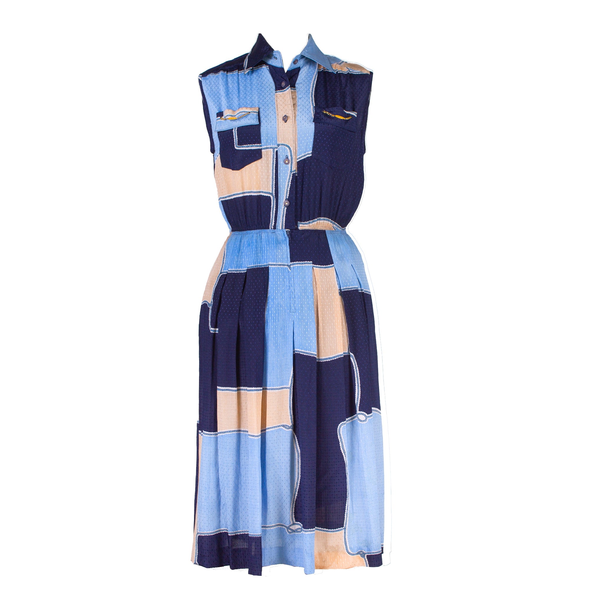 Sugar Cream Vintage Women's Blue Rope Print Vintage Dress With Collared Button-up Neckline In Blue