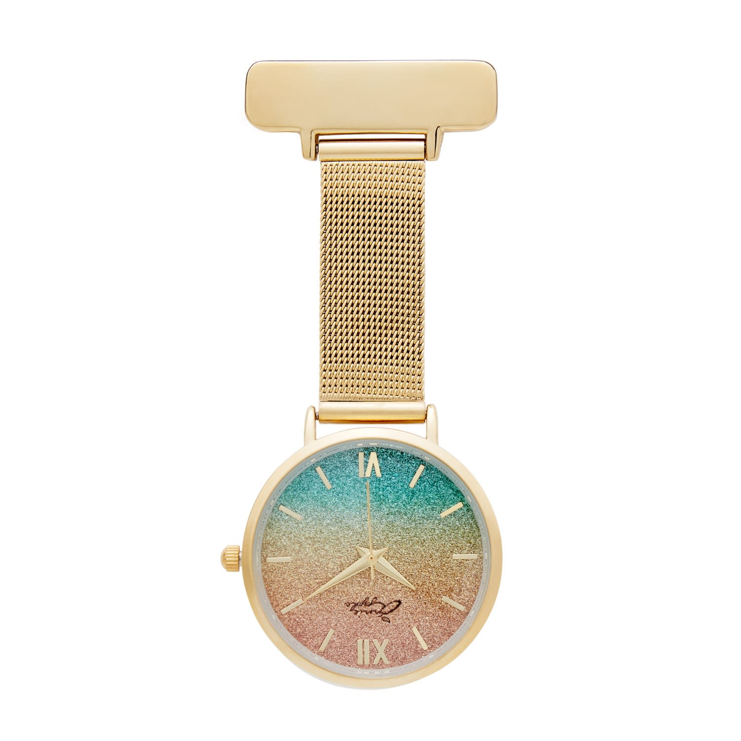 Women’s Annie Apple Aurora Rainbow Glitter Gold Mesh Nurse Fob Watch Bermuda Watch Company