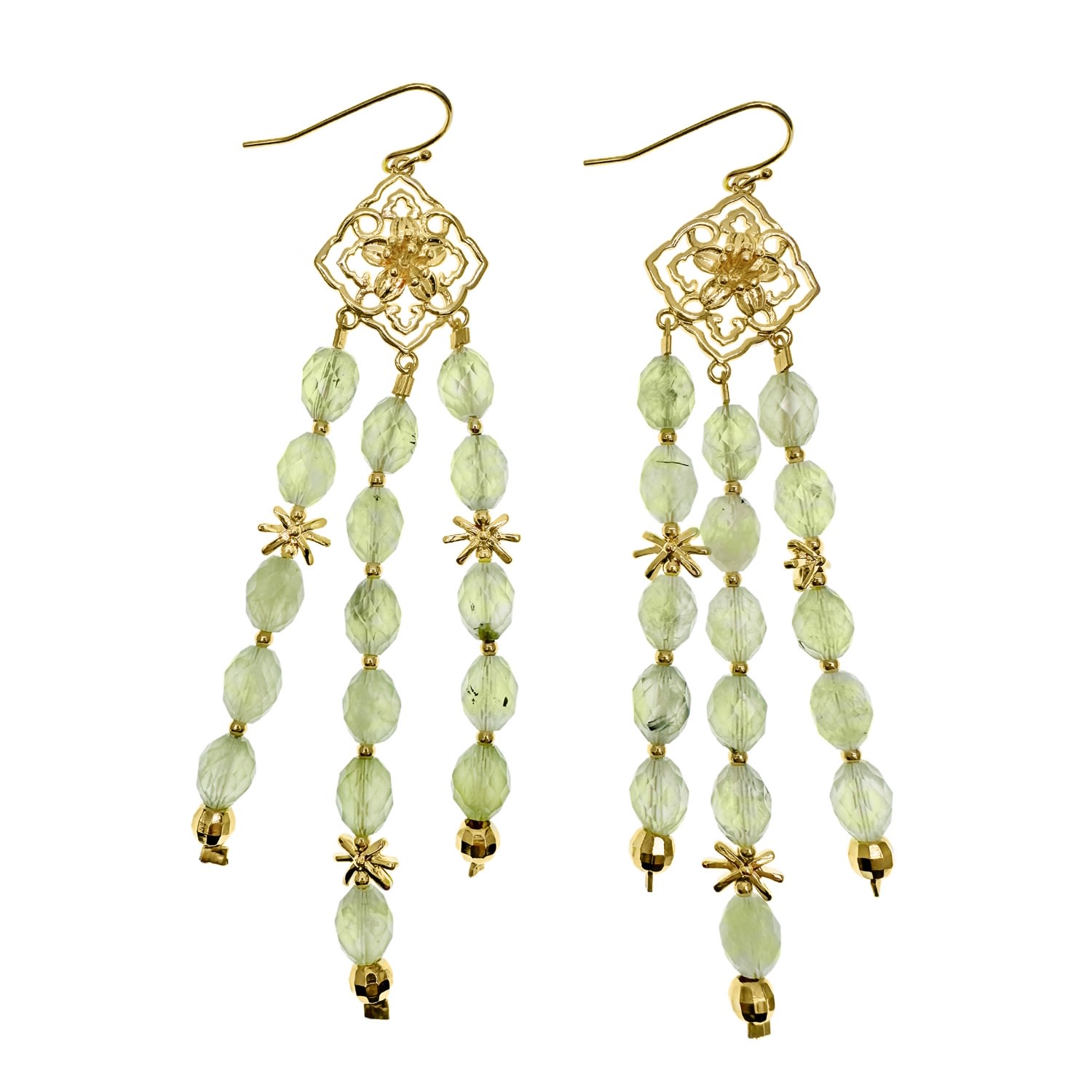 Farra Women's Green Bohemian Flower Frame With Prehnite Beaded Tassel Earrings In Green