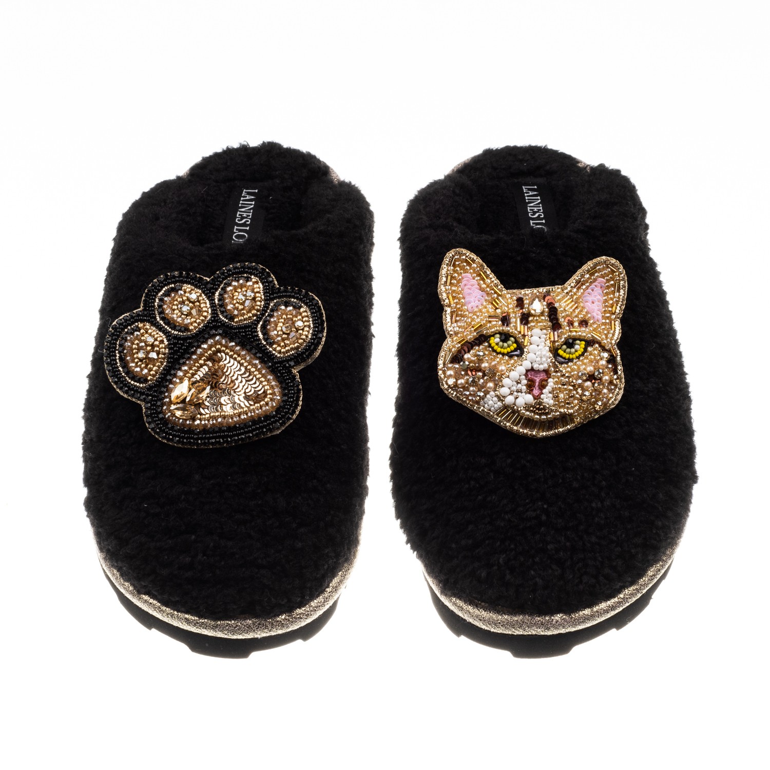 Women's Teddy Closed Toe Slippers With Tabby Cat & Paw Brooches