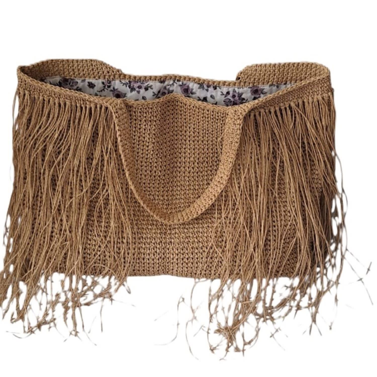 Springmoonatelier Women's Brown Crocheted Raffia Beach Large Straw Boho Bag