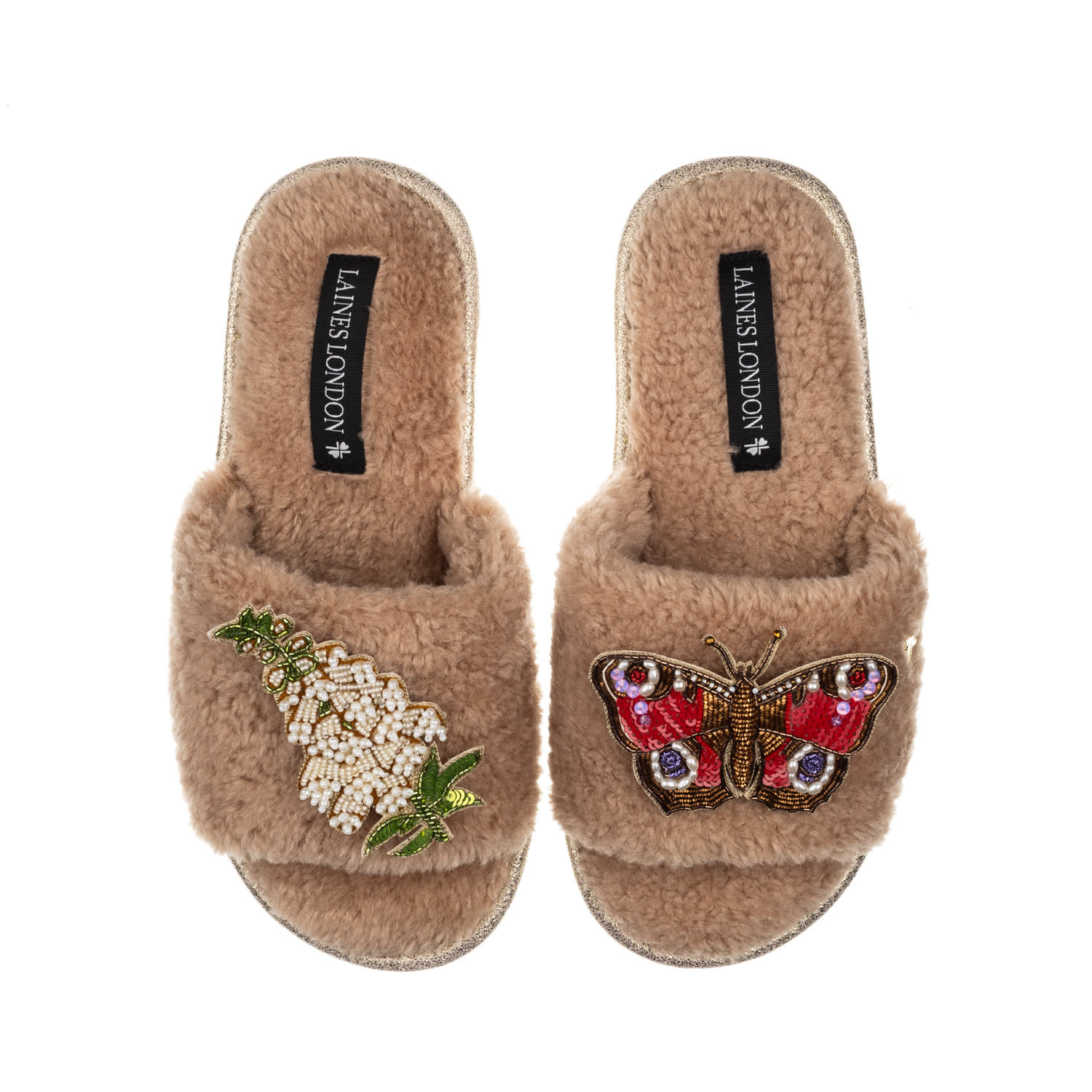Laines London Women's Brown Teddy Toweling Slipper Sliders With White Foxglove Flowers & Butterfly Brooches - Toff In Brown