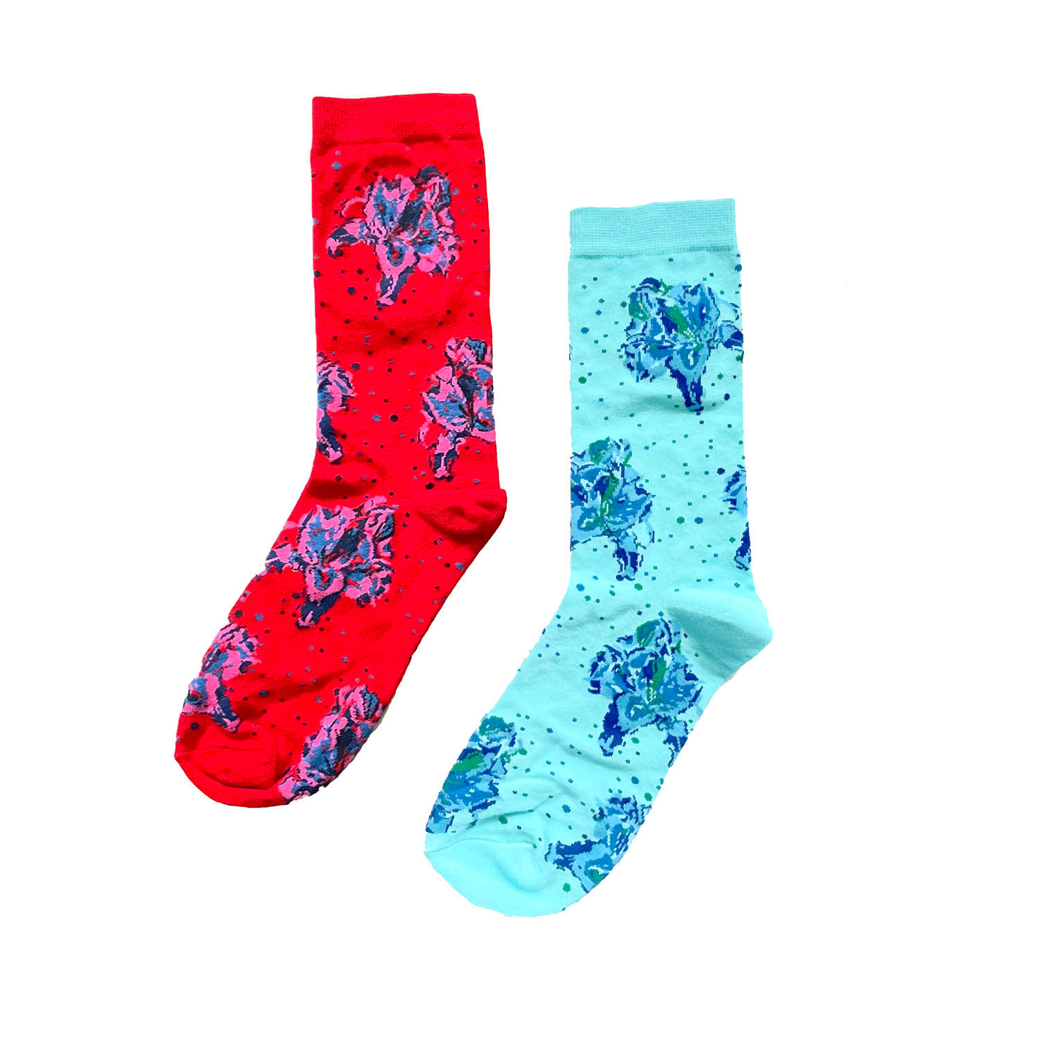 Arto. Women's Blue / Red Hello Flower Socks- Contrast Aqua Two Pack In Blue/red
