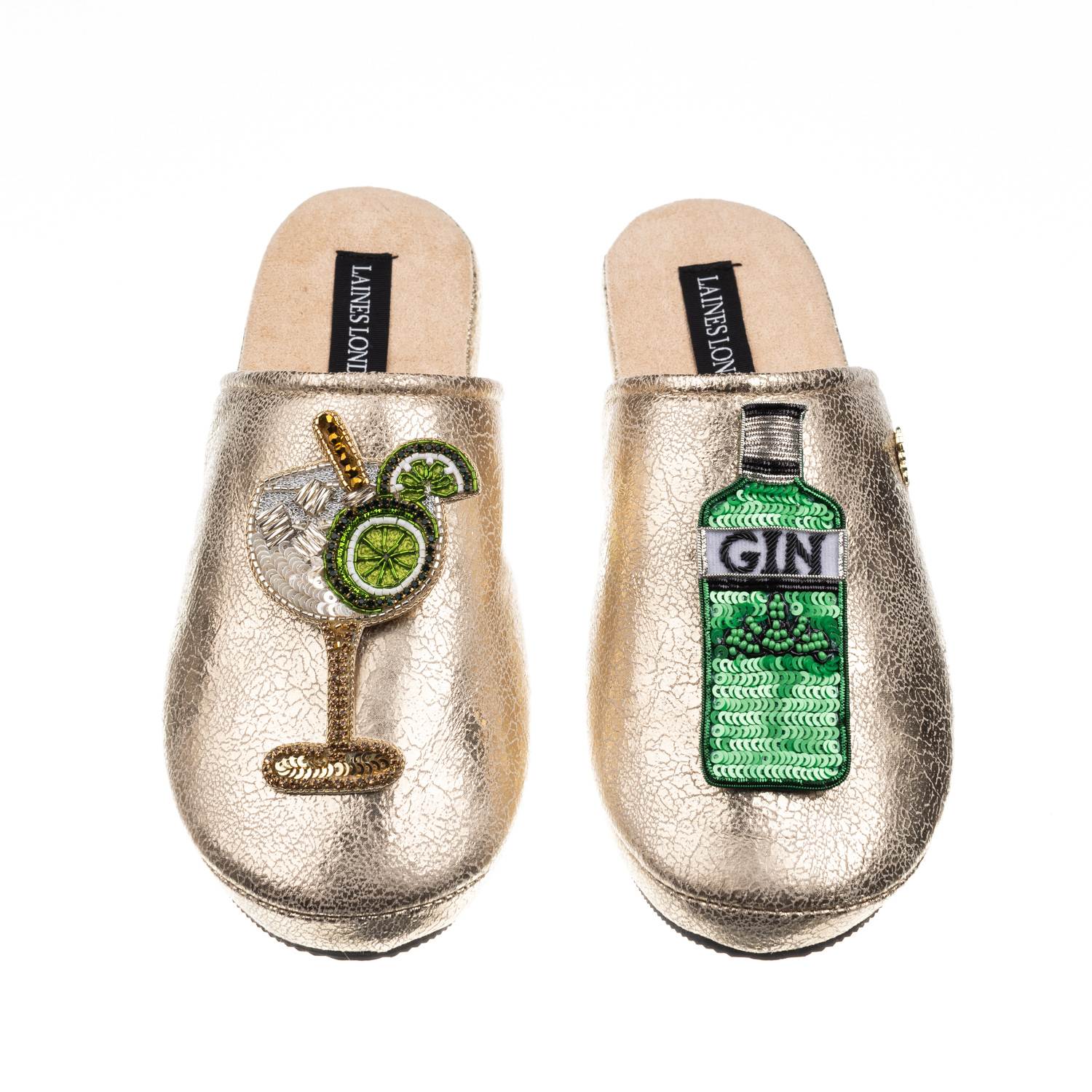 Laines London Women's  Gold Softie Slippers With Original Gin Brooches In Gold