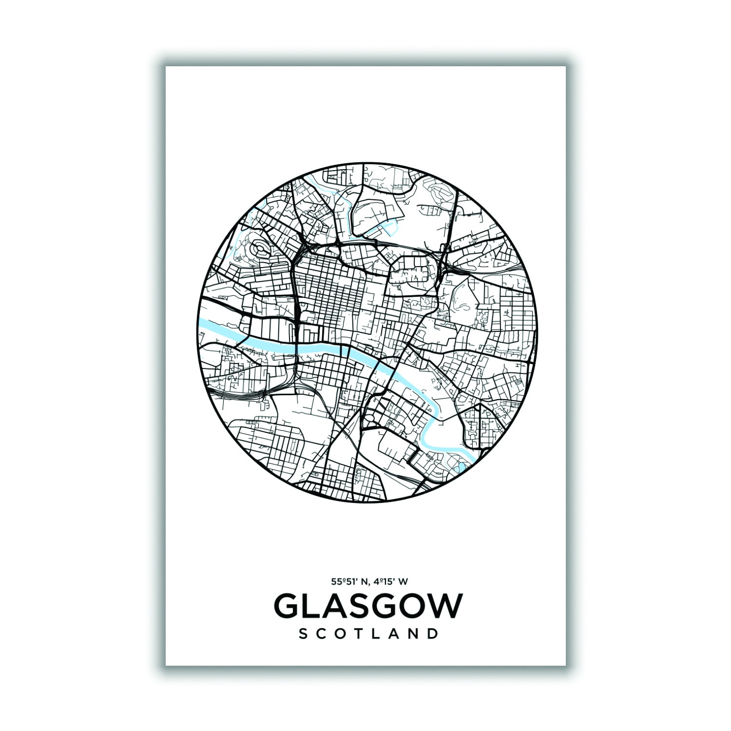 Blue Map Of Glasgow A2 420 X 594Mm Stanley Print House