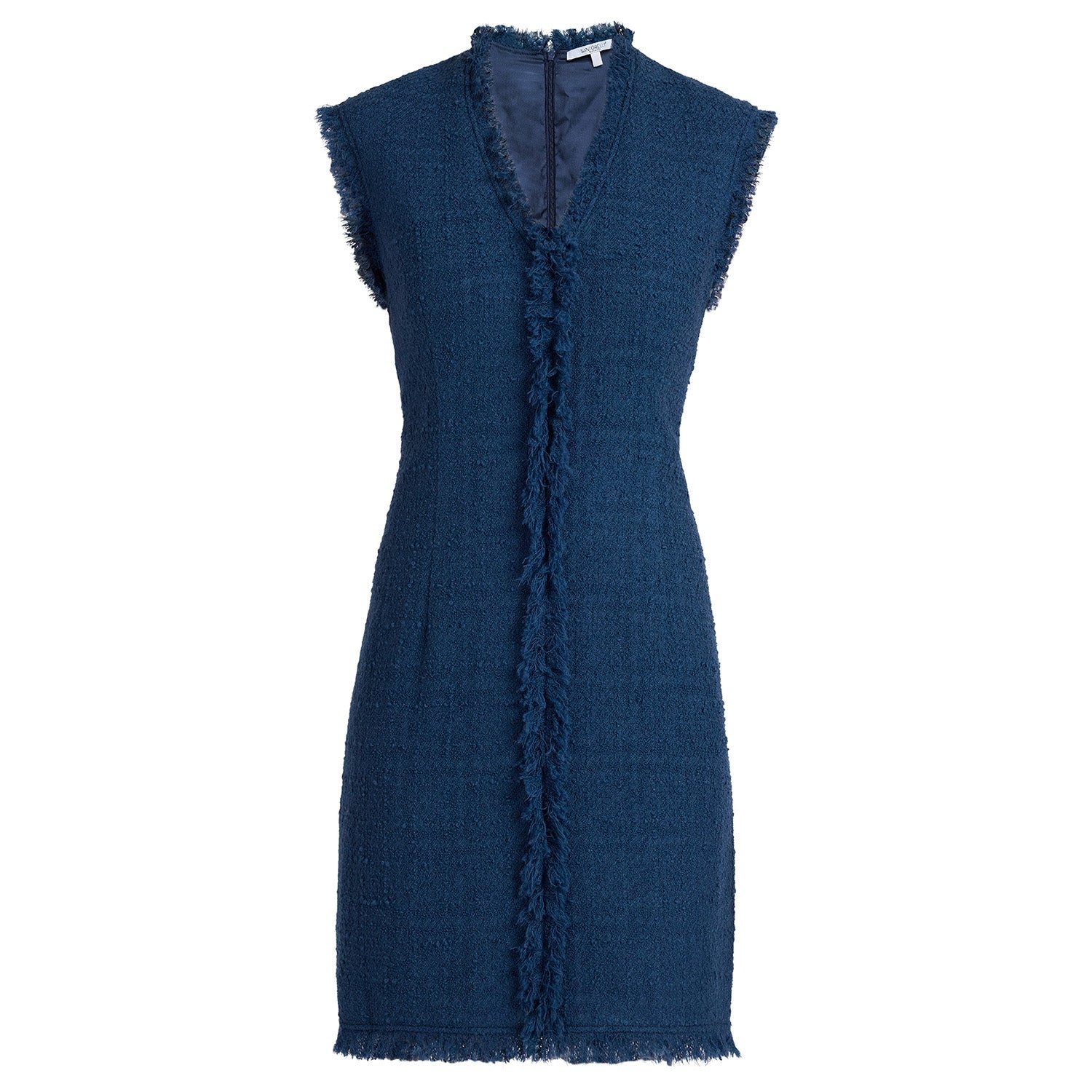 Women's Blue Tuscany Sleeveless V-Neck Tweed Dress With Fringe Detail | Extra Large | Santorelli