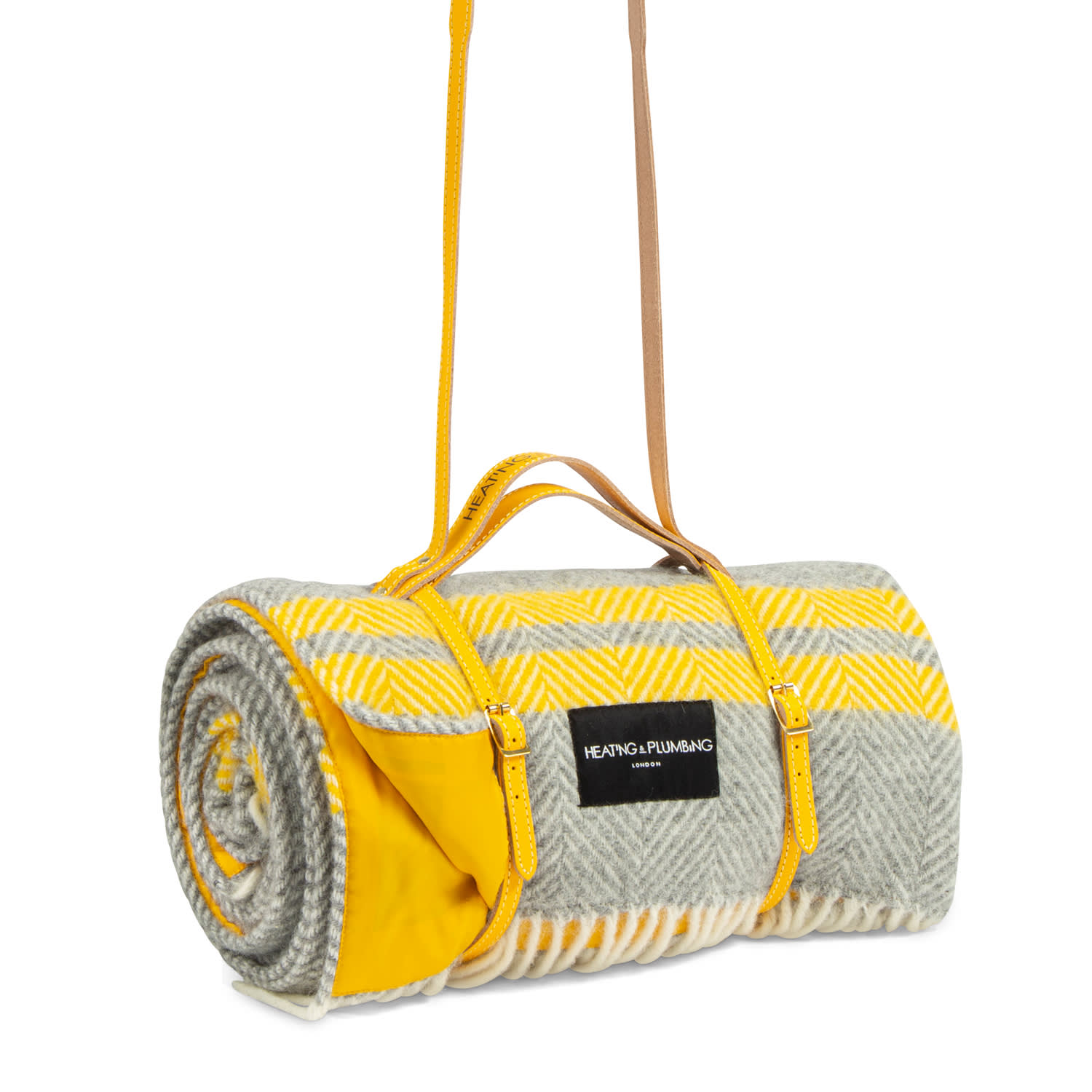 Heating & Plumbing London Pure New Wool Waterproof Picnic Blanket Grey & Yellow With Long Yellow Leather Shoulder Strap