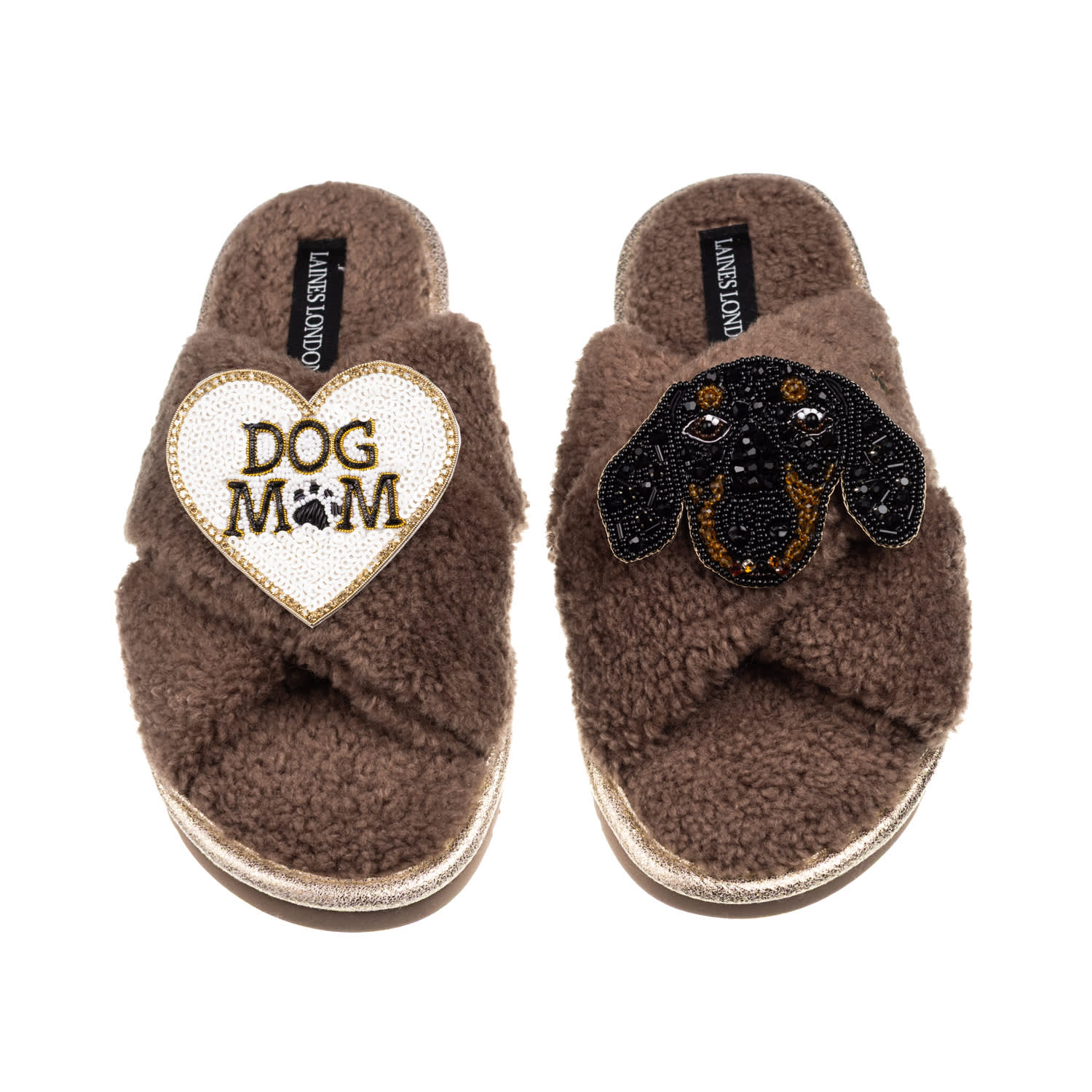 Laines London Women's Brown / Neutrals Laines Neutral Boucle Slippers With Little Sausage & Dog Mum / Mom Brooches