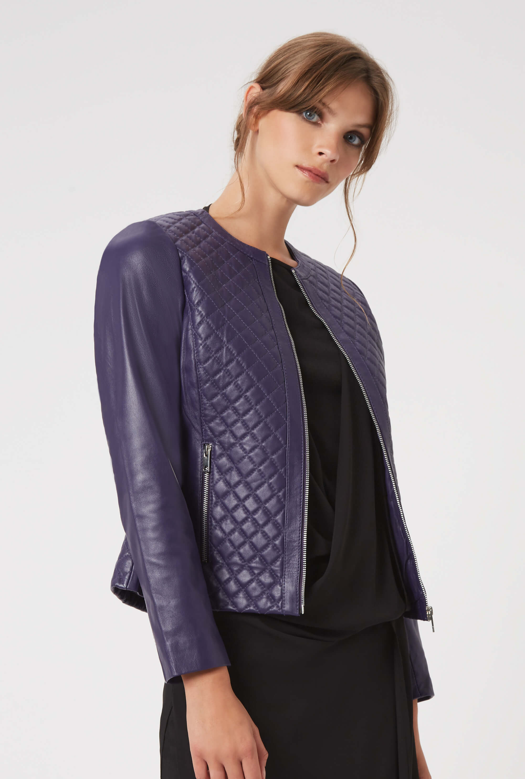 Round neck leather clearance jacket