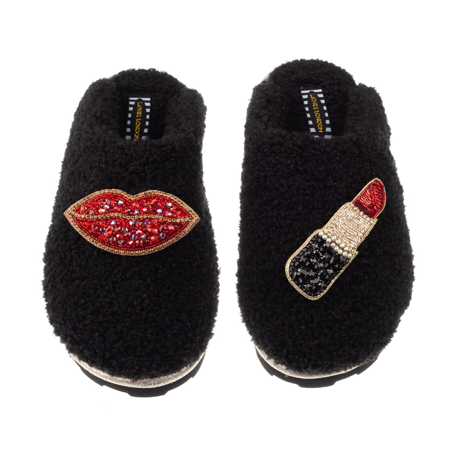 Women’s Teddy Towelling Closed Toe Slippers With Red & Gold Pucker Up Brooches - Black Medium Laines London