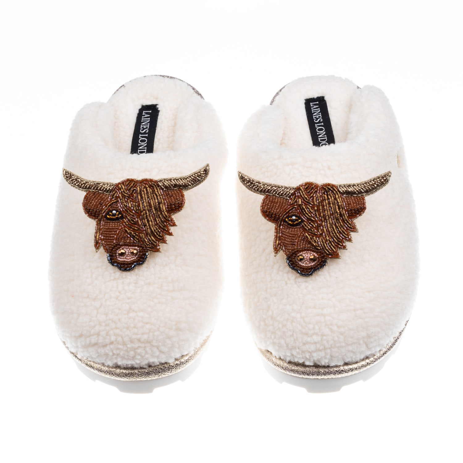 Laines London Women's Neutrals / White Teddy Closed Toe Slippers With Double Highland Cow Brooches - Cream In White