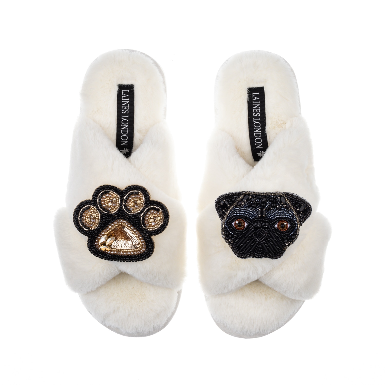 Laines London Women's White Classic Laines Slippers With Snoopy Pug & Paw Brooches - Cream In White