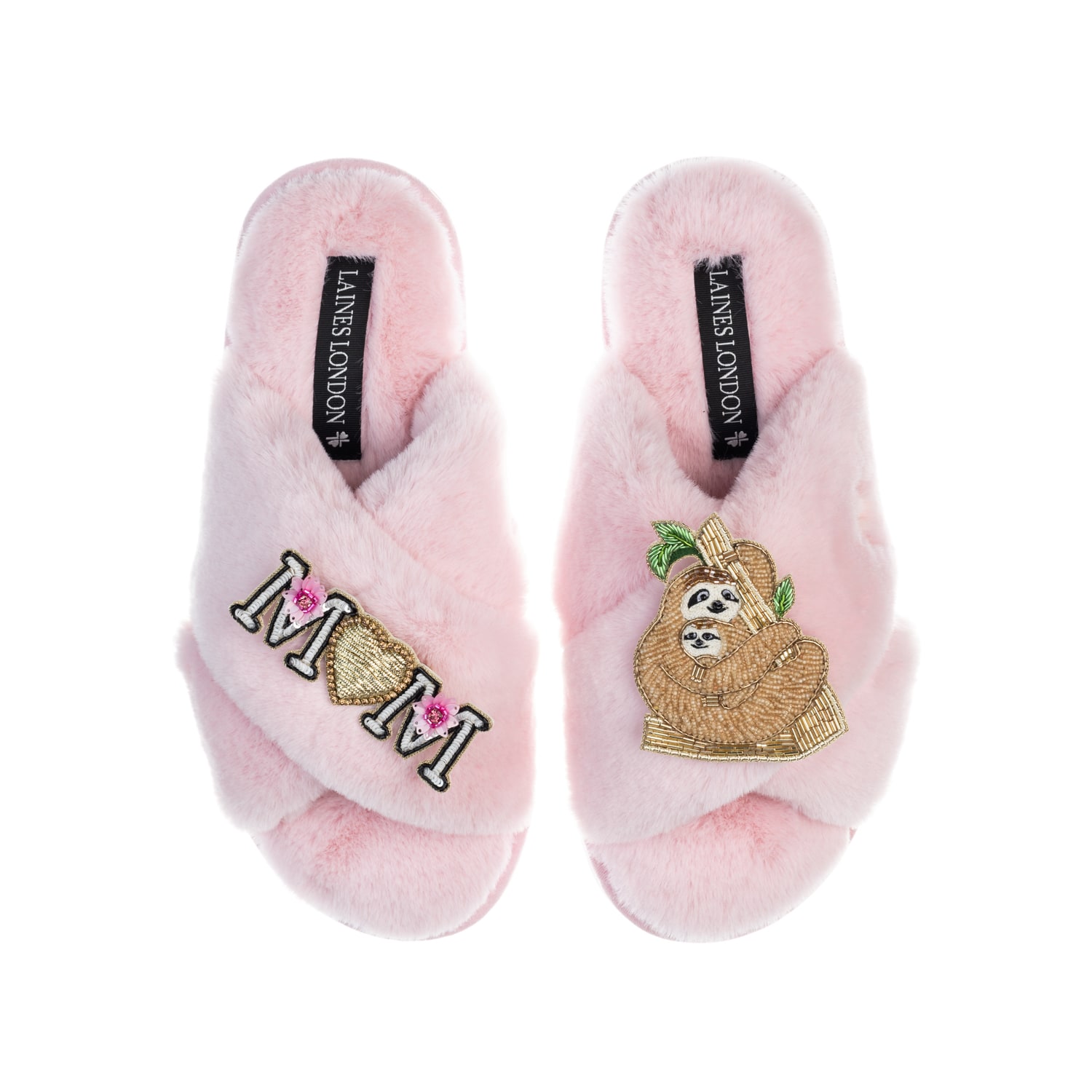 Laines London Women's Pink / Purple Classic Laines Mother's Day Slippers With Sloth Baby & Mum/ Mom Brooches - Pin