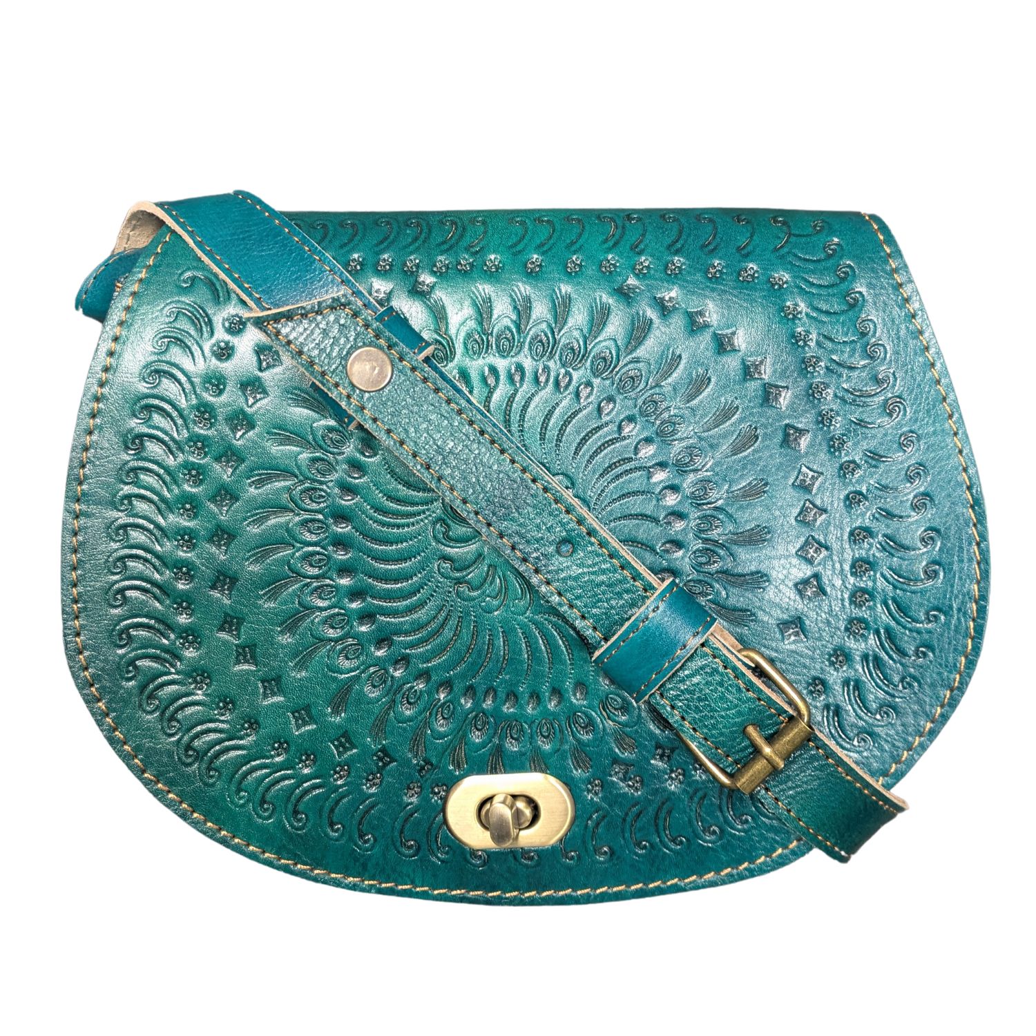 Berber Leather Men's Green / Blue The Temara Embossed Saddle Bag In Teal