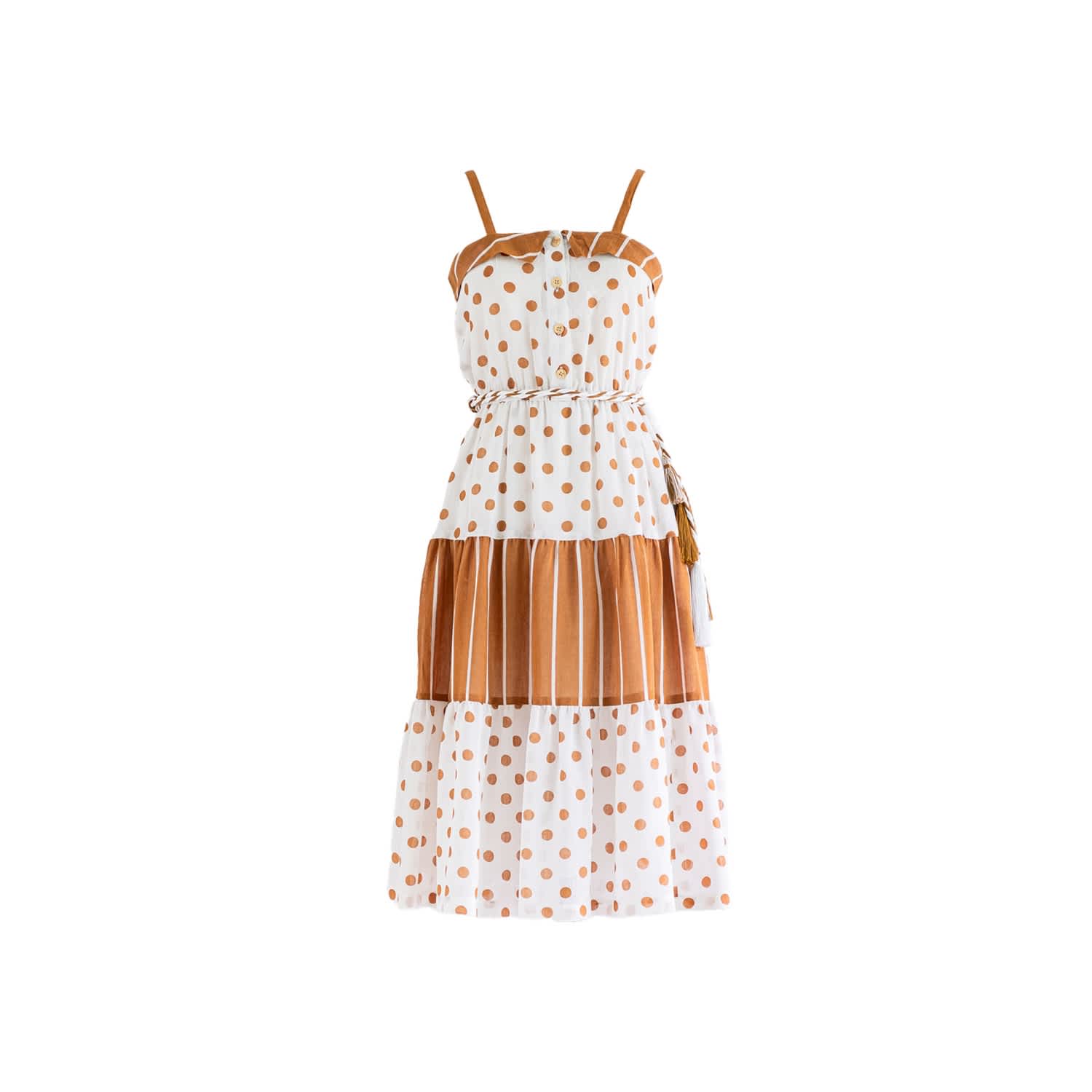 Vintage Polka Dot Stripe Print Spaghetti Strap Midi Dress Sugar Cream Vintage Wolf Badger