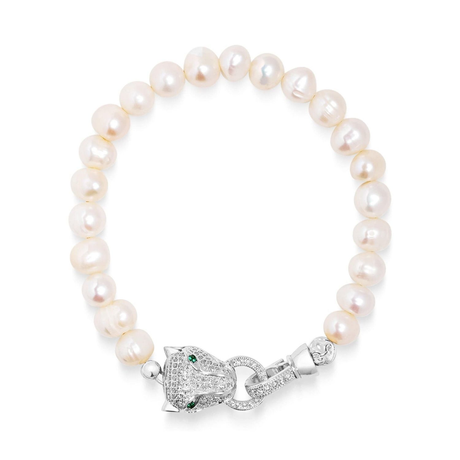 Nialaya Silver / White Men's Pearl Bracelet With Silver Panther
