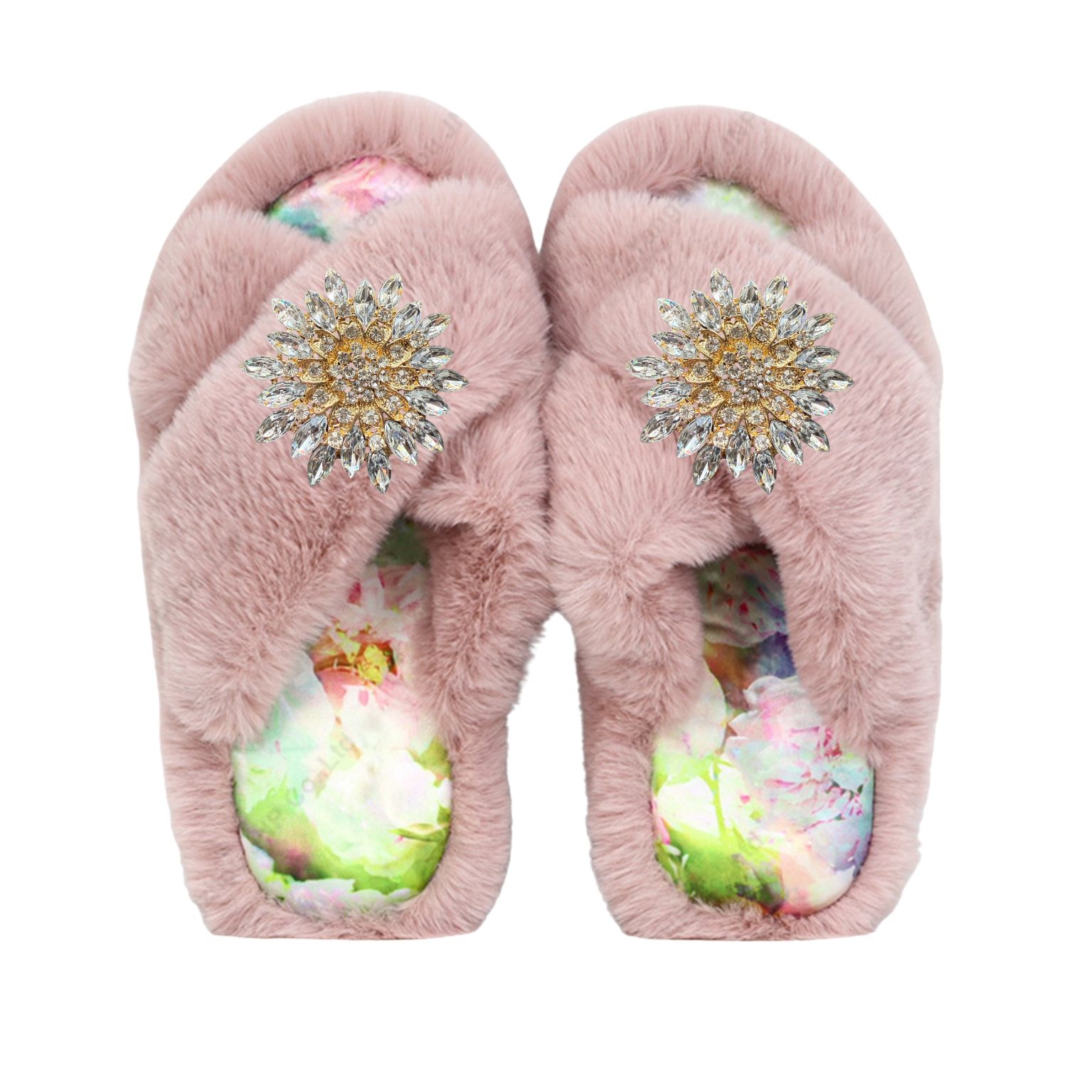 Women's Eco Faux Fur Slippers – Recycled Faux Fur + Clear Removable Brooches Embellishment + Custom Silk Insole- Pink | Large | Yomisma