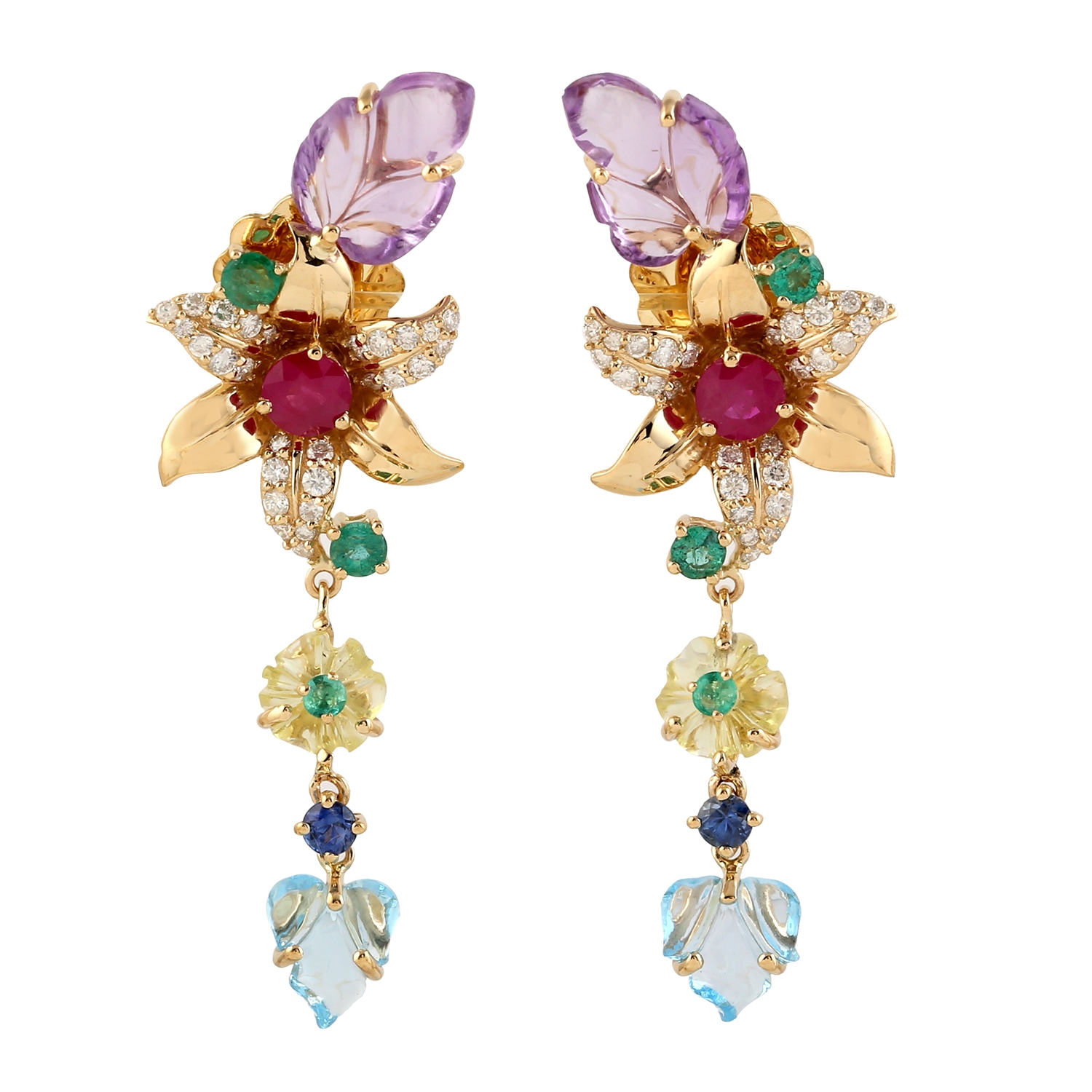 Artisan Women's Gold / White Carved Mixed Gemstone Diamond Floral Earrings In Gold In Gold