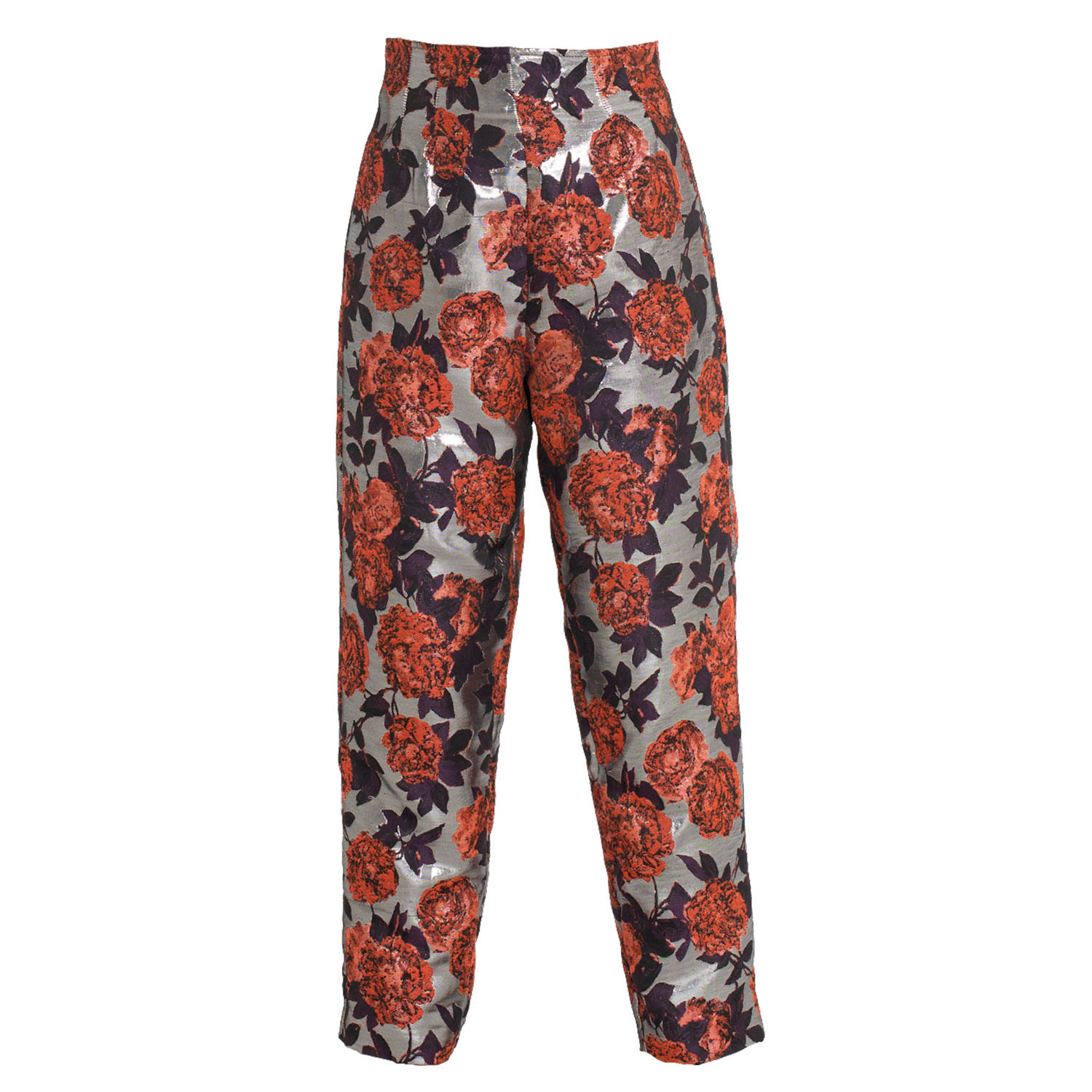 Cuda Women's Silver Whatta-man Rose Print Lame' High Waisted Lined Pants In Silver