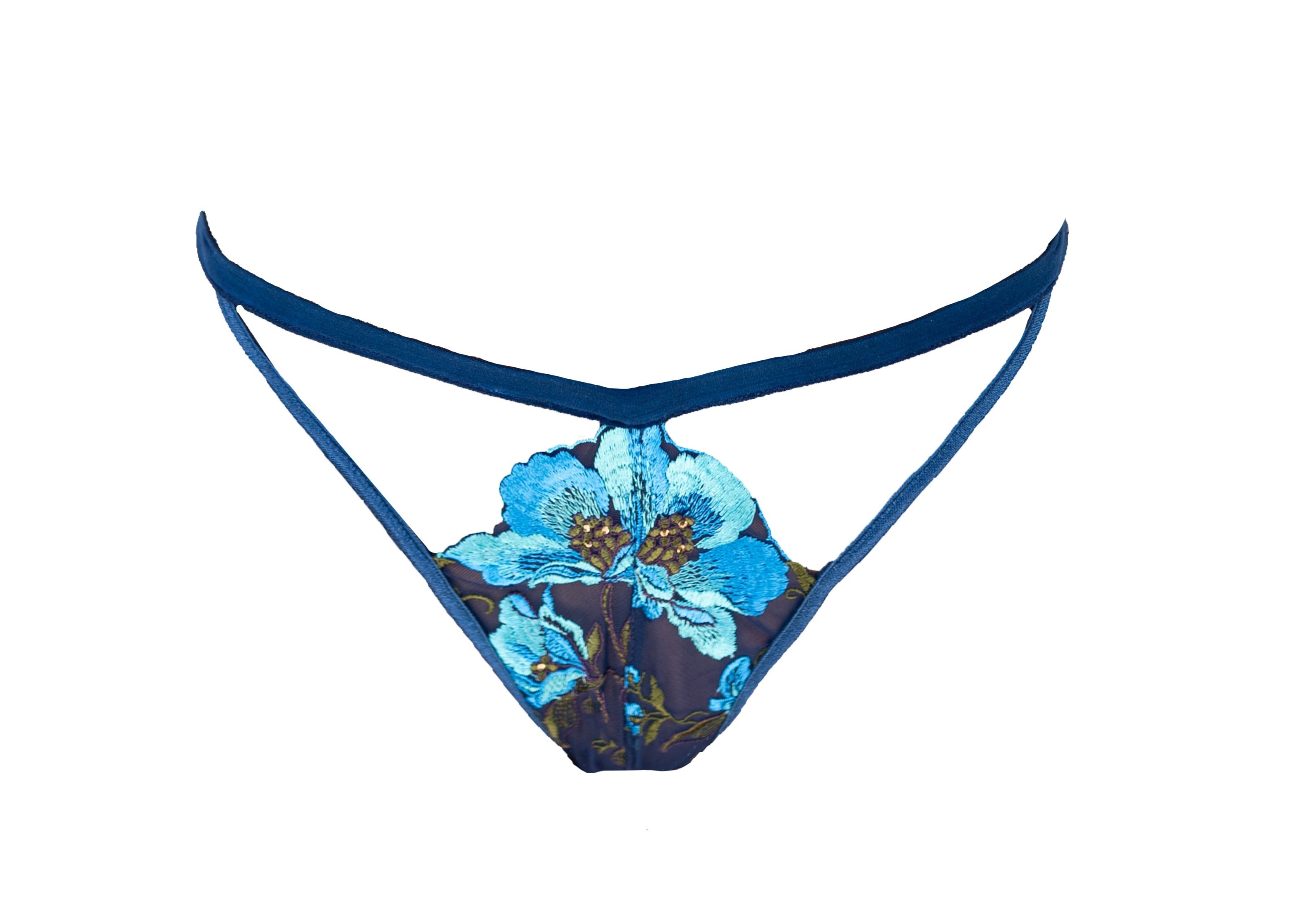 Women’s Blue Atlantis Sun Anemone Embroidered Tulle Tanga Small Carol Coelho