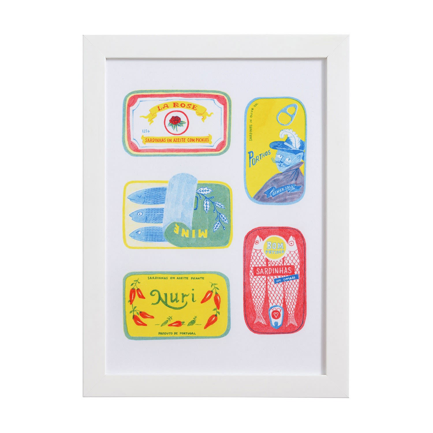 Rosa & Clara Designs Blue / Red / Yellow Sardine Tins Risograph Print In Multi