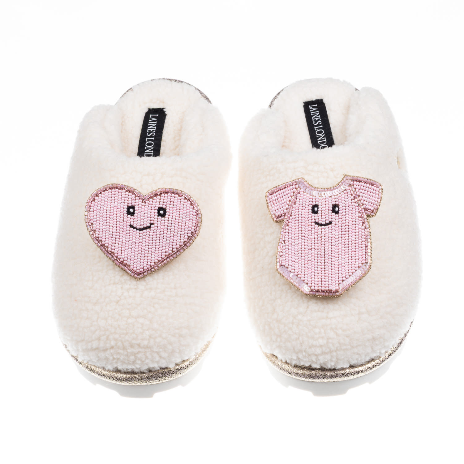 Laines London Women's Neutrals / White Teddy Closed Toe Slippers With Laines Lovables Pink Love & Baby Grow Brooch In White