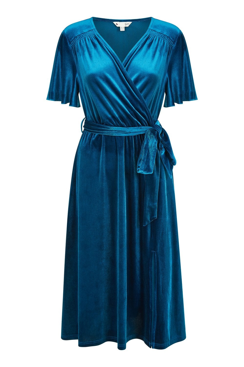 Yumi Women's Blue  Teal Wrap Over Midi Dress With Angel Sleeves & Split Hem