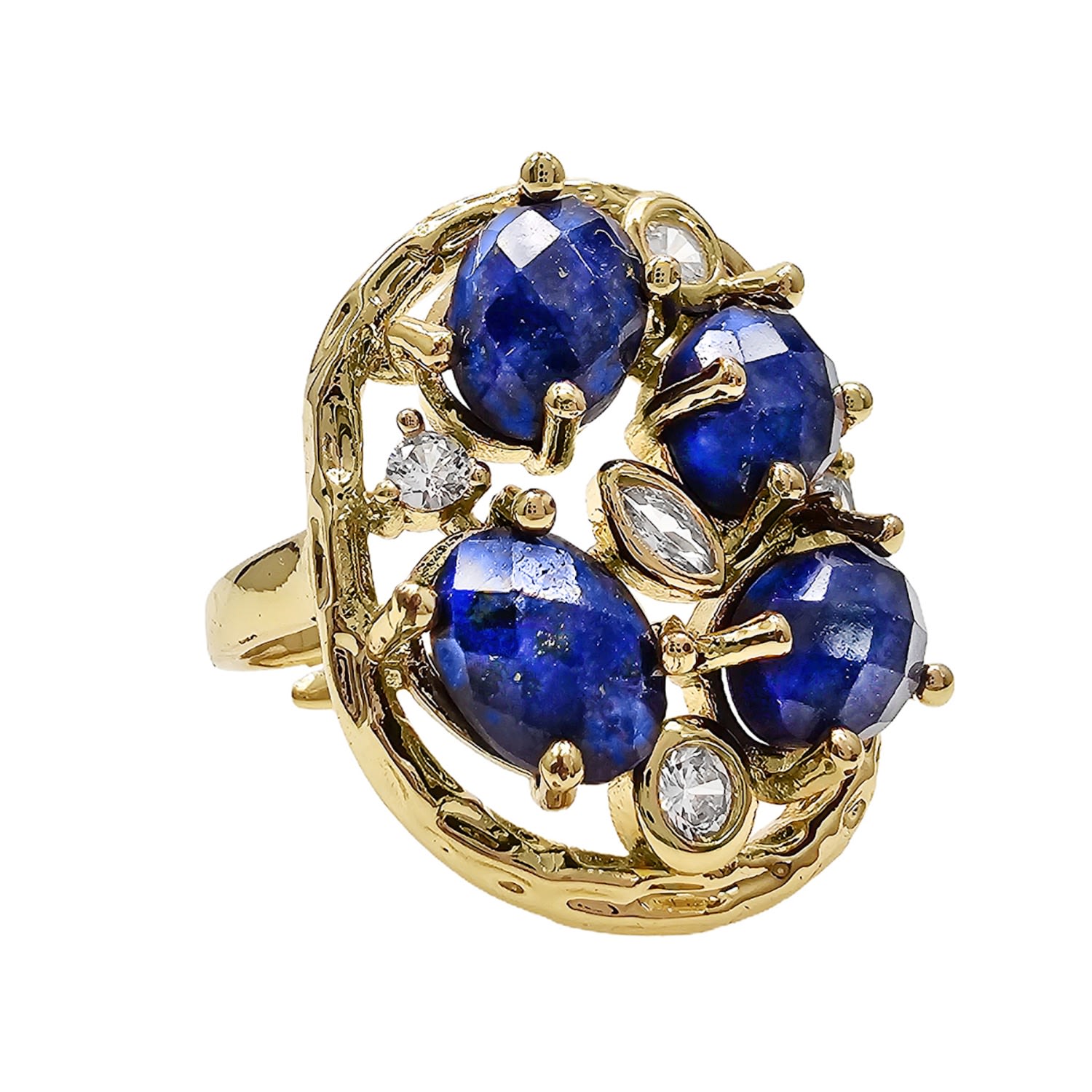 Farra Women's Blue Lapis Stone With Zircon Statement Adjustable Ring