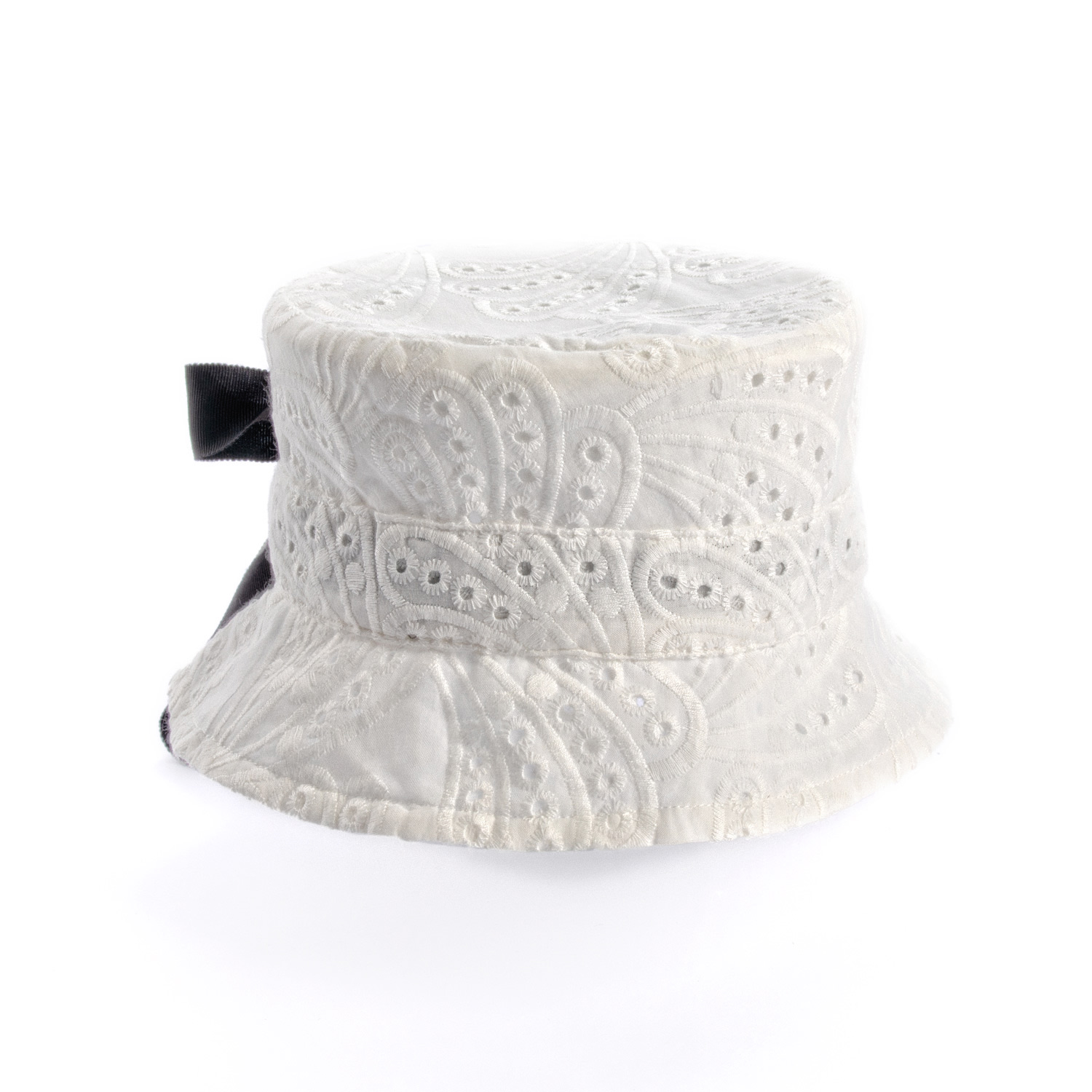 Women's Black / White White Cherry - Eyelet Bucket Hat With Black Ribbon | One Size | Sibi Hats