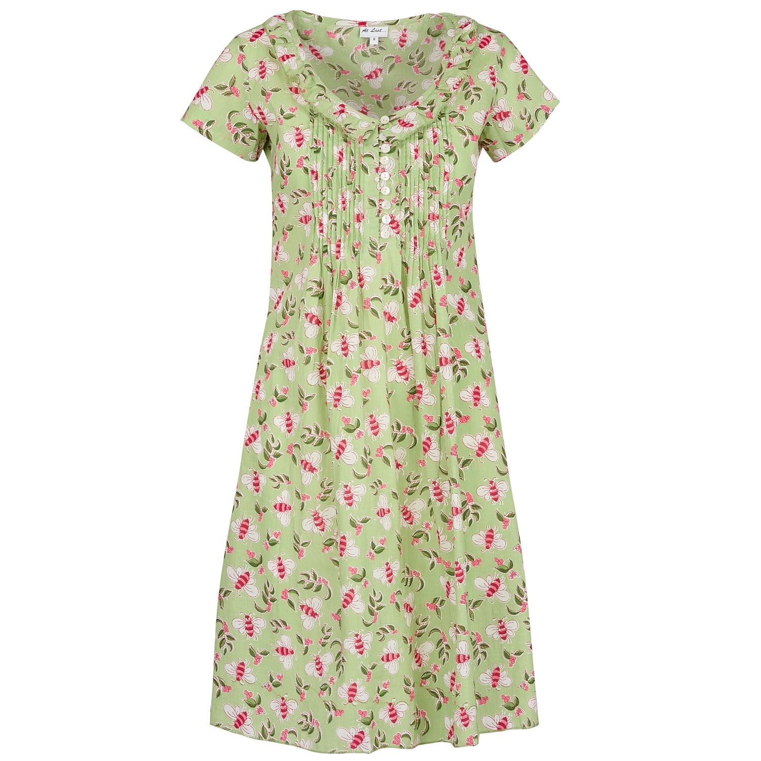 Women’s Green Cotton Karen Short Sleeve Day Dress In Pistachio With Pink Busy Bees Small At Last...