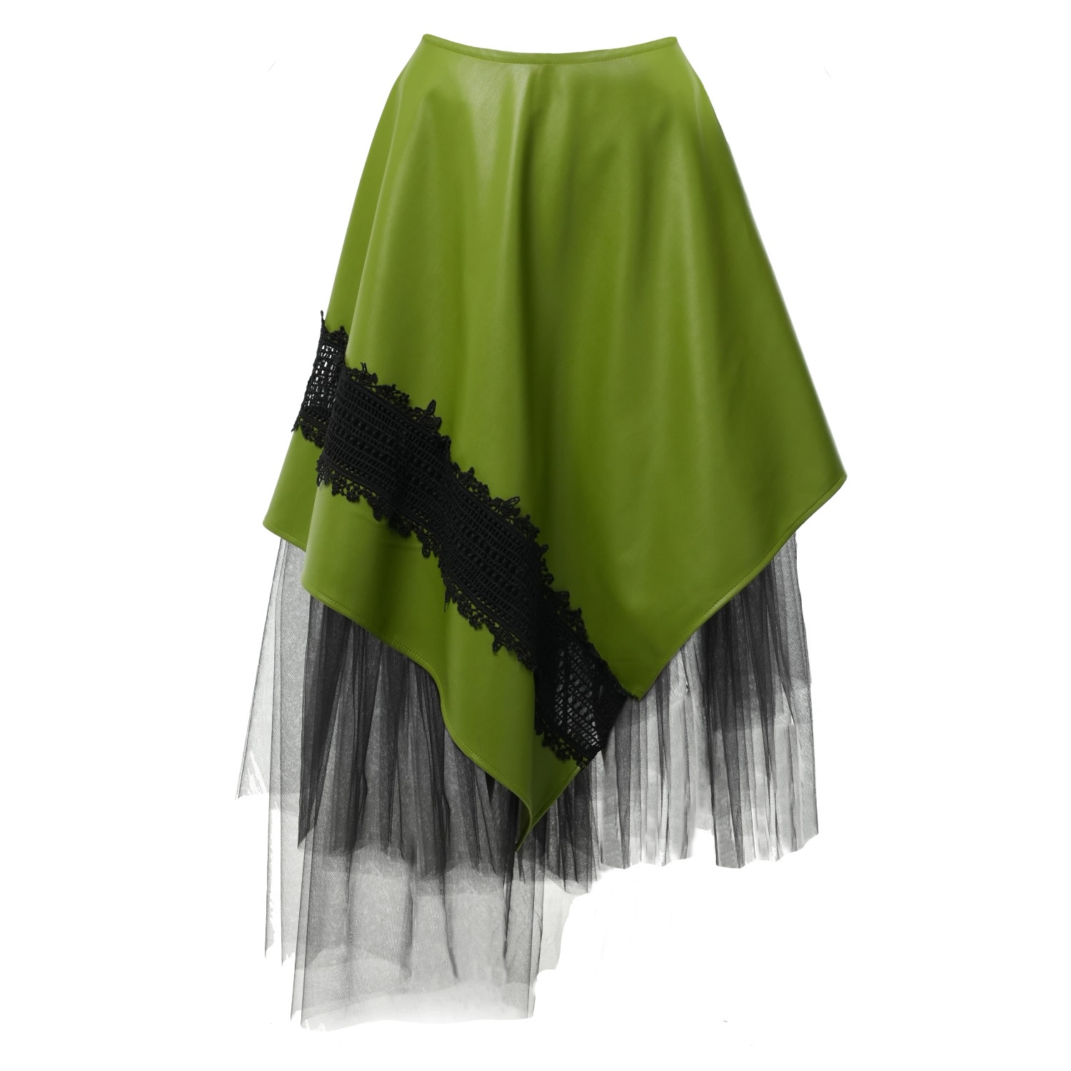 Women’s Vegan Leather Skirt With Tulle In Green Large Metamorphoza