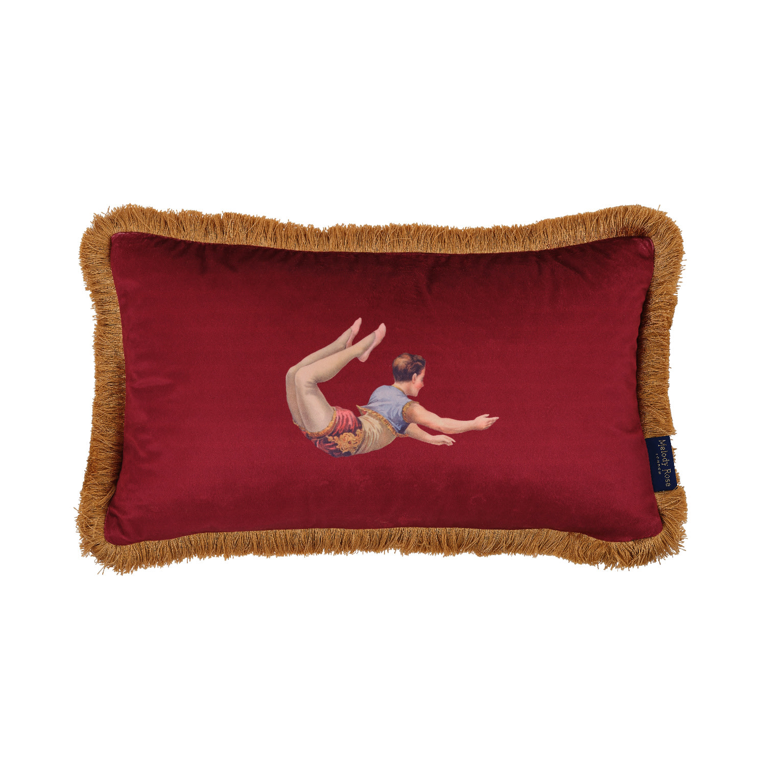 Red / Gold / Pink Trapeze Boy & Stripes Rectangle Velvet Cushion Deep Berry Red Melody Rose London