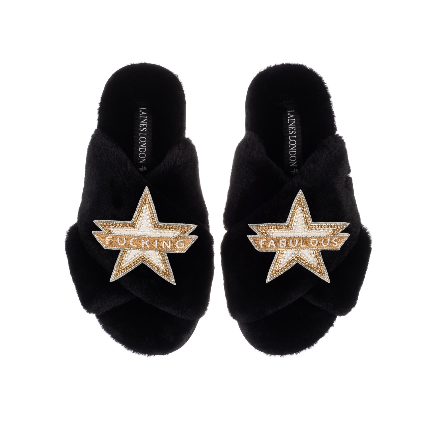 Laines London Women's Classic Laines Slippers With Fucking Fabulous Brooches - Black In Black