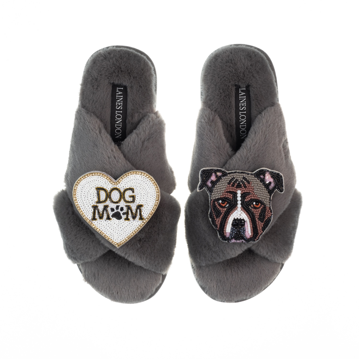 Laines London Women's Classic Laines Slippers With Staffy & Dog Mum / Mom Brooches - Grey In Grey