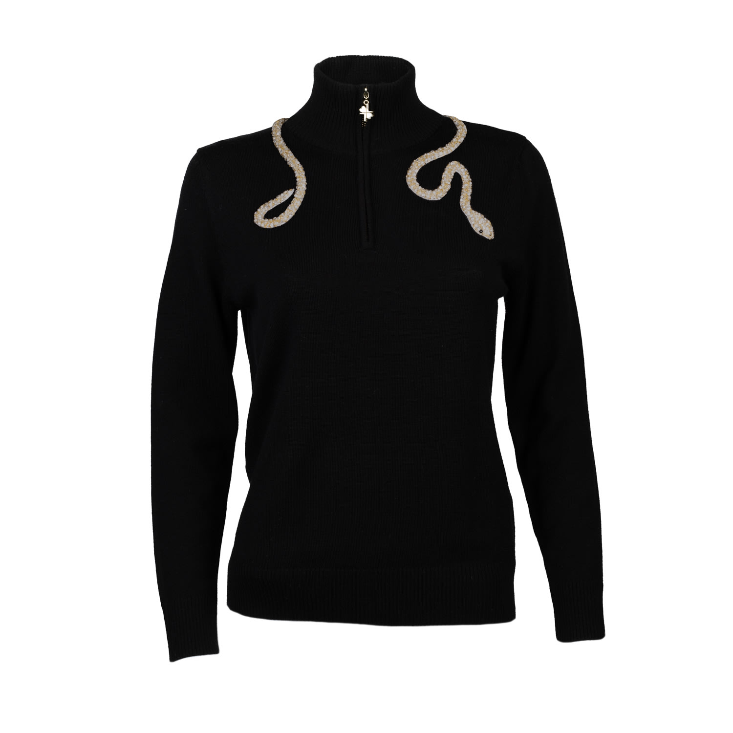 Laines London Women's Laines Couture Black Quarter Zip Jumper With Embellished Crystal & Pearl Snake In Black