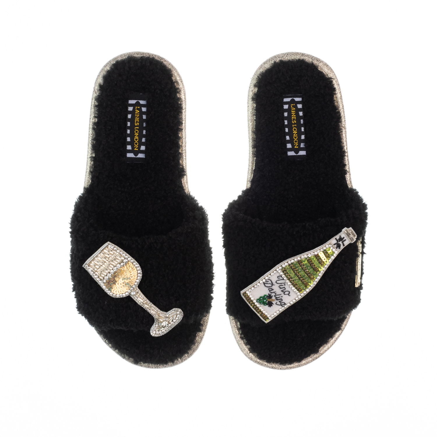Laines London Women's Teddy Toweling Slipper Sliders With Vino Darling Brooches - Black In Black