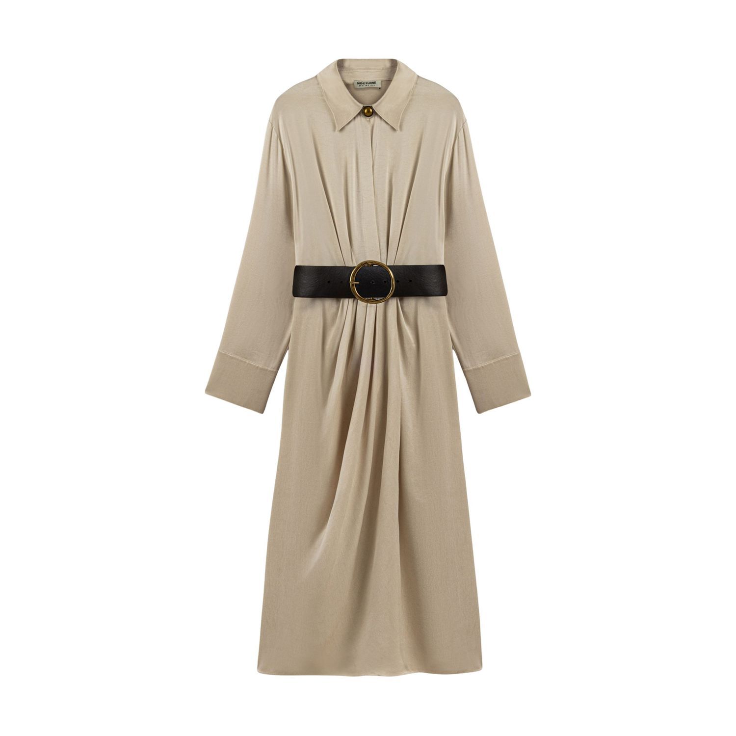 Nocturne Women's Belted Draped Shirt-collar Maxi Dress In Brown