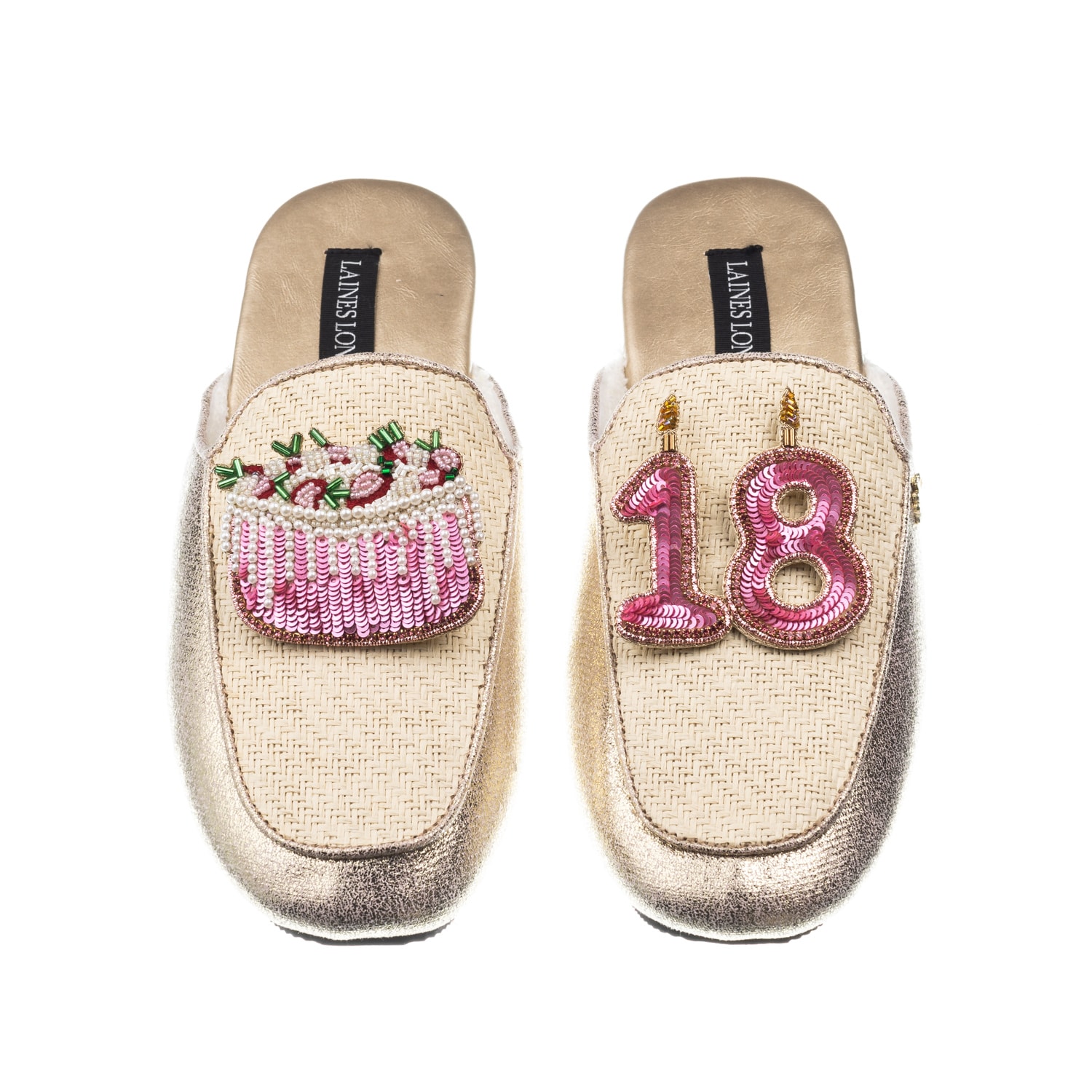 Laines London Women's Gold / Neutrals Classic Mules With 18th Birthday & Cake Brooches - Cream & Gold In Gold