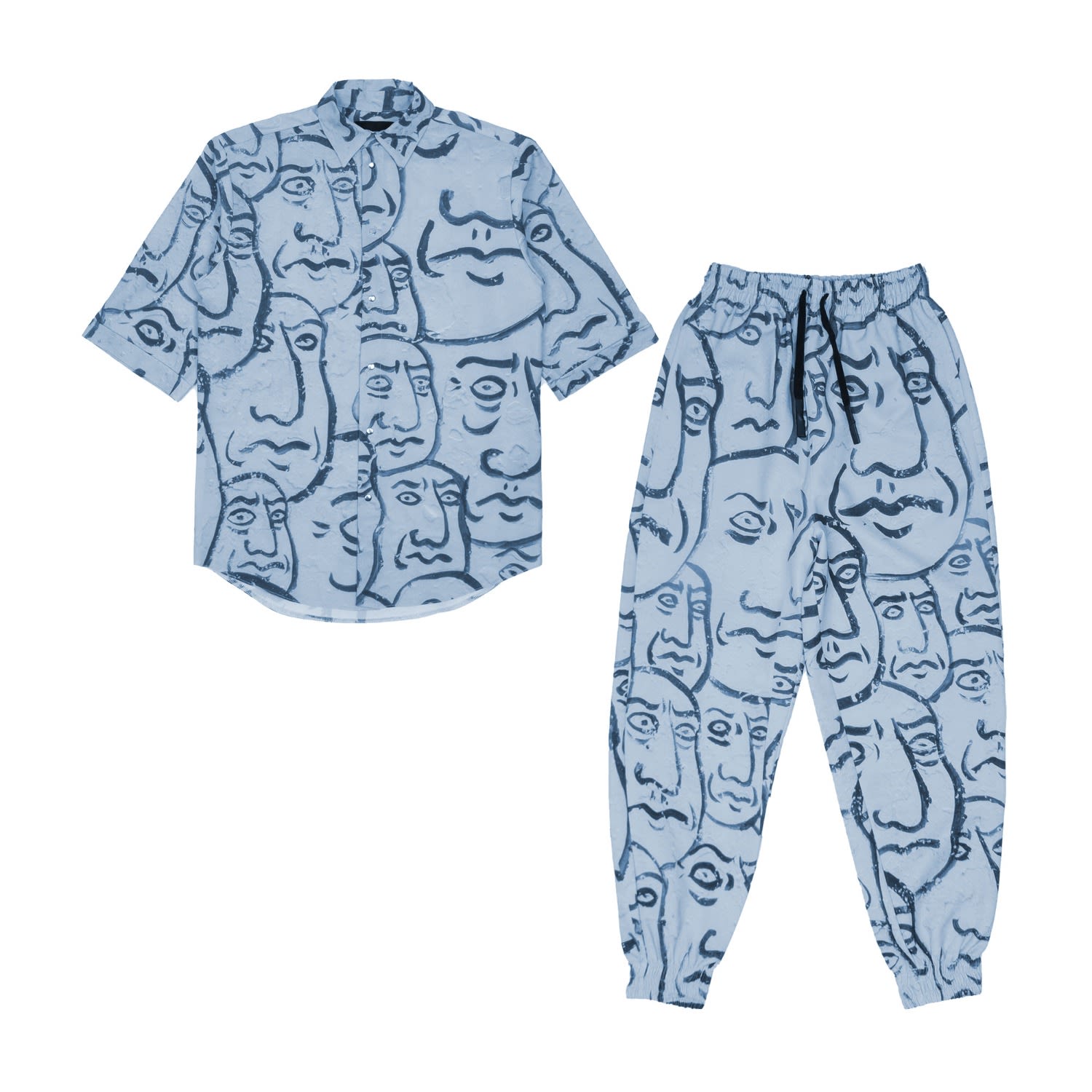 Mysimplicated Women's Short Sleeve Shirt And Trousers Set In Blue With Faces Design - Recycled Fabric W In Blue
