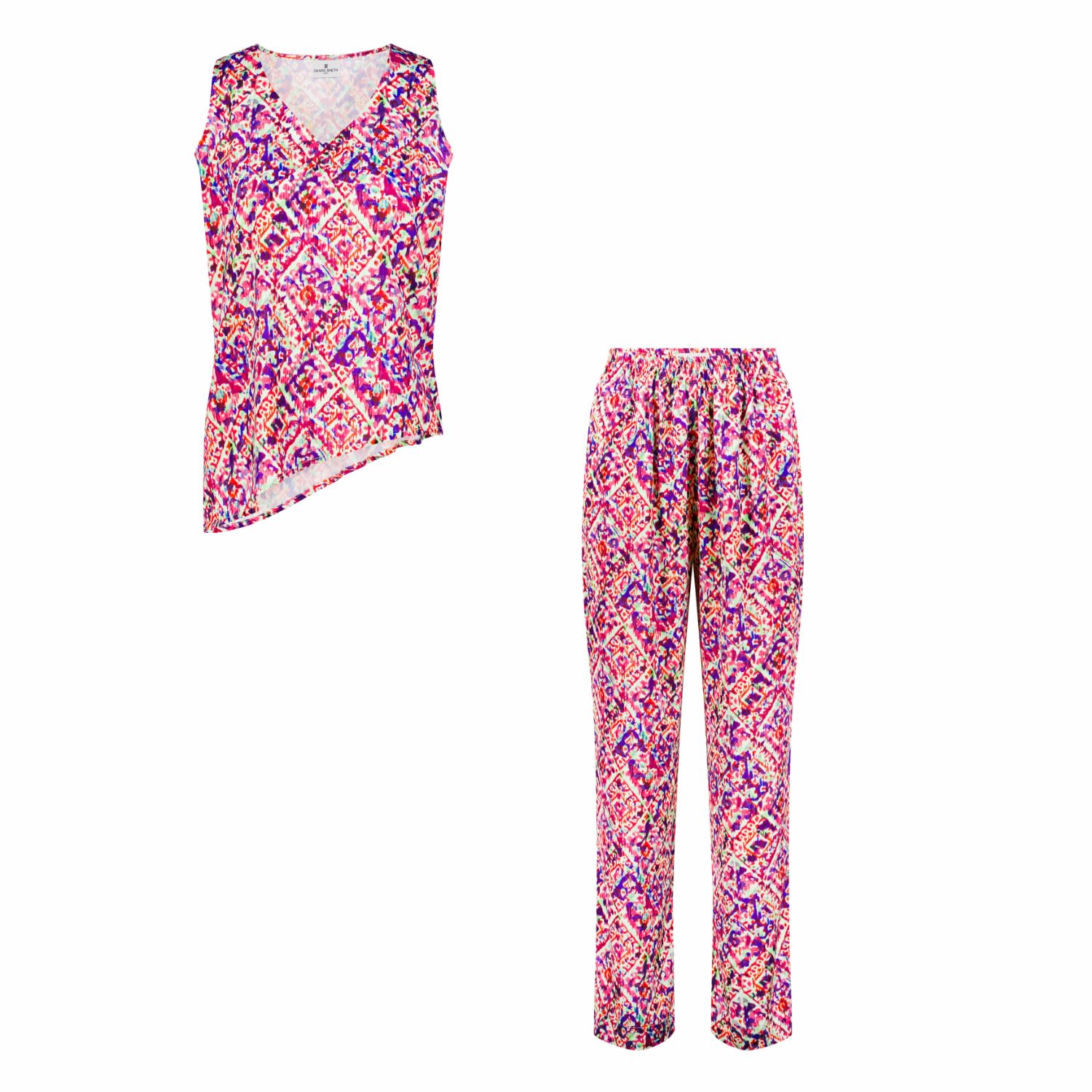 Pink / Purple Printed Co Ord Set - Printed Sleeveless Asymmetric Top & Trouser Small Dhara Sheth Dubai