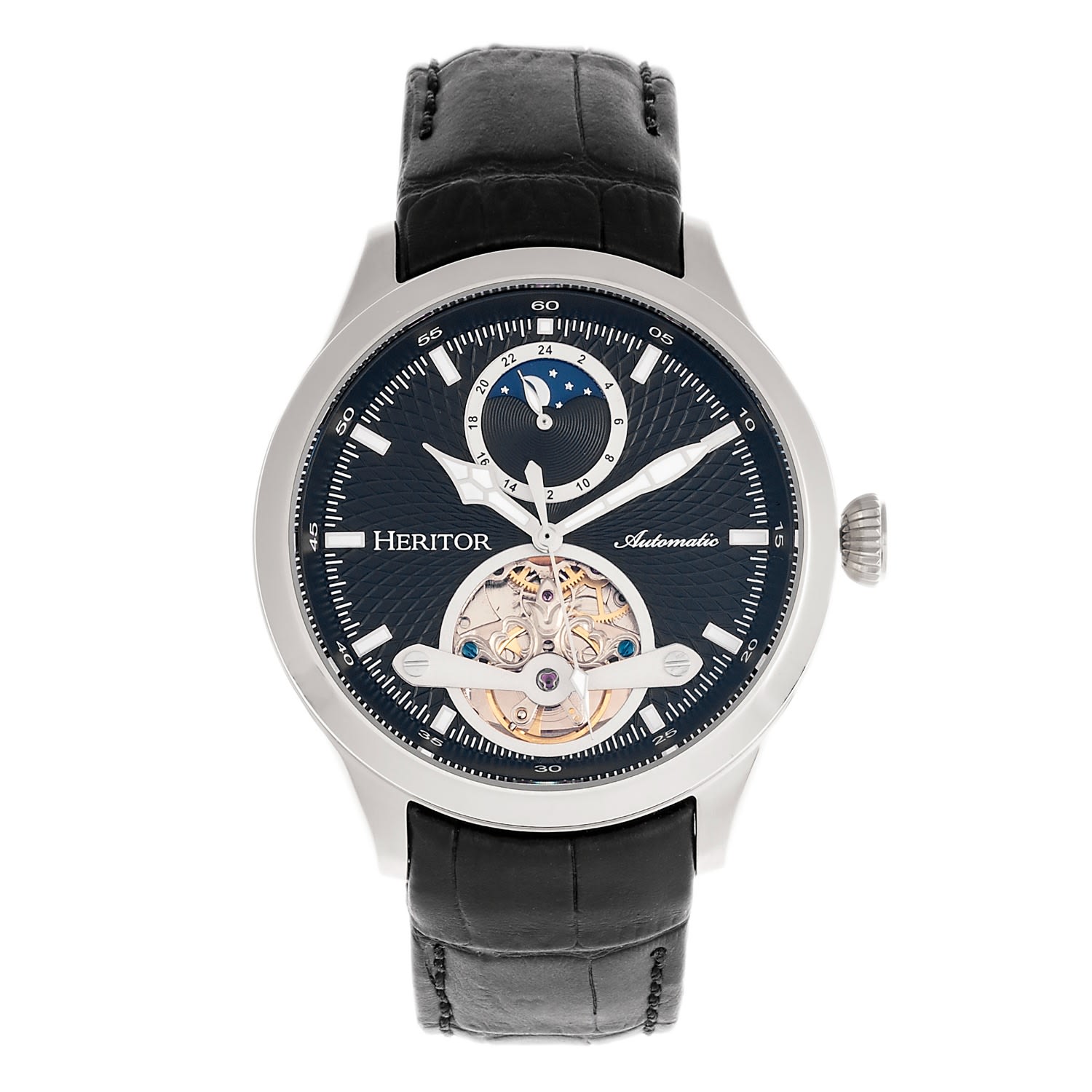 Men’s Black / Silver Gregory Semi-Skeleton Leather-Band Watch With Moon Phase - Black, Silver Heritor Automatic