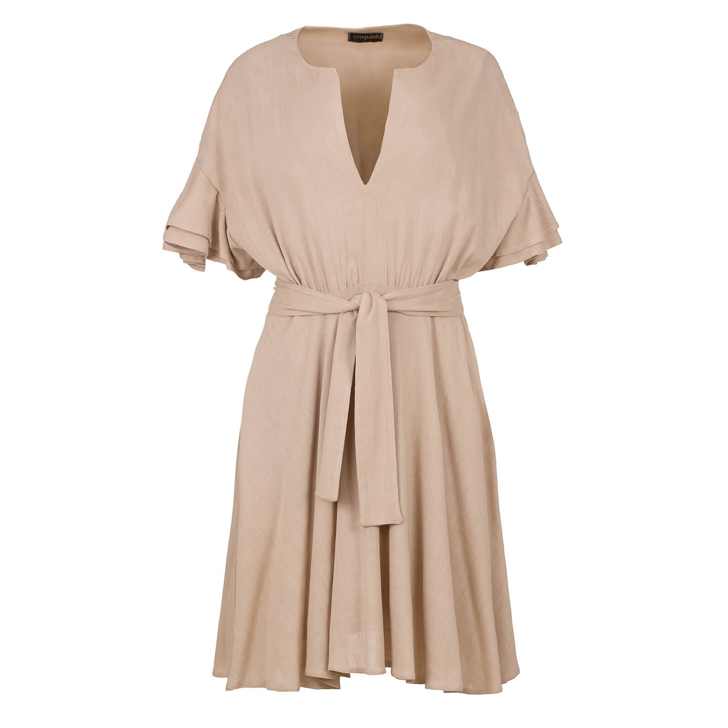 Women’s Brown Beige Dress With Ruffle Sleeves Small Conquista