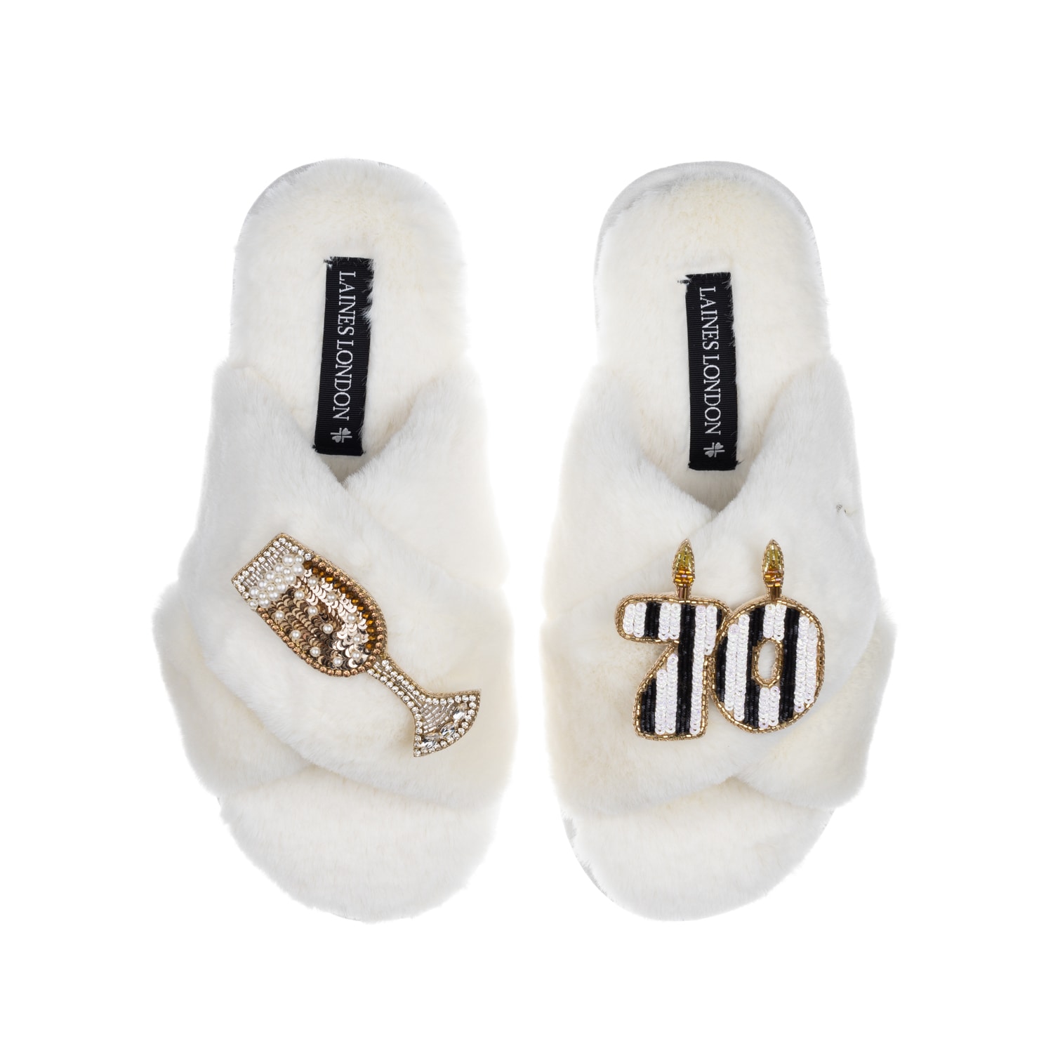 Laines London Women's White Classic Laines Slippers With Stripe 70th Birthday & Glass Of Champagne Brooches - Crea In White