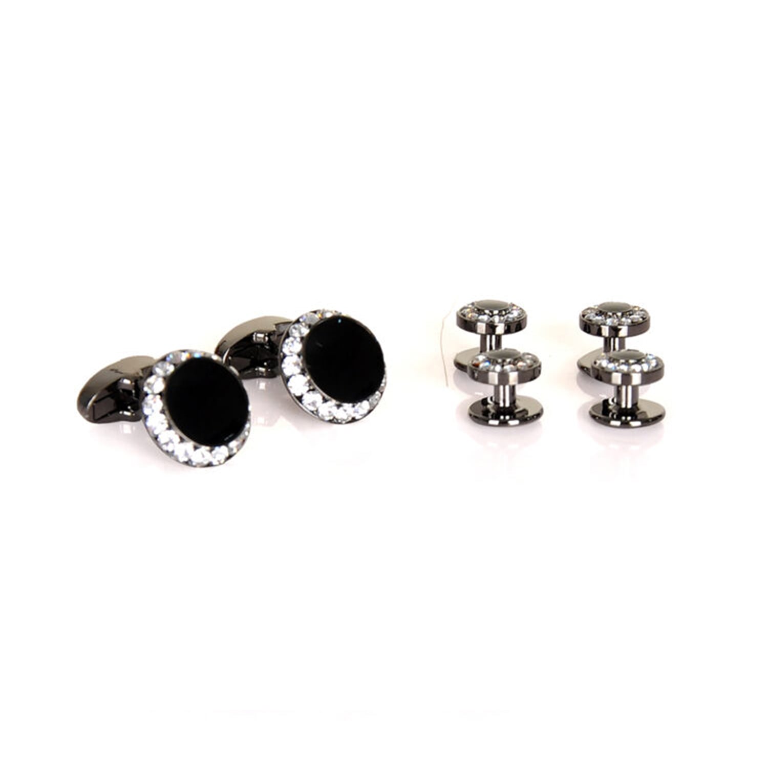David Wej Men's Black / Silver Black Crystal Cufflinks & Stud Set